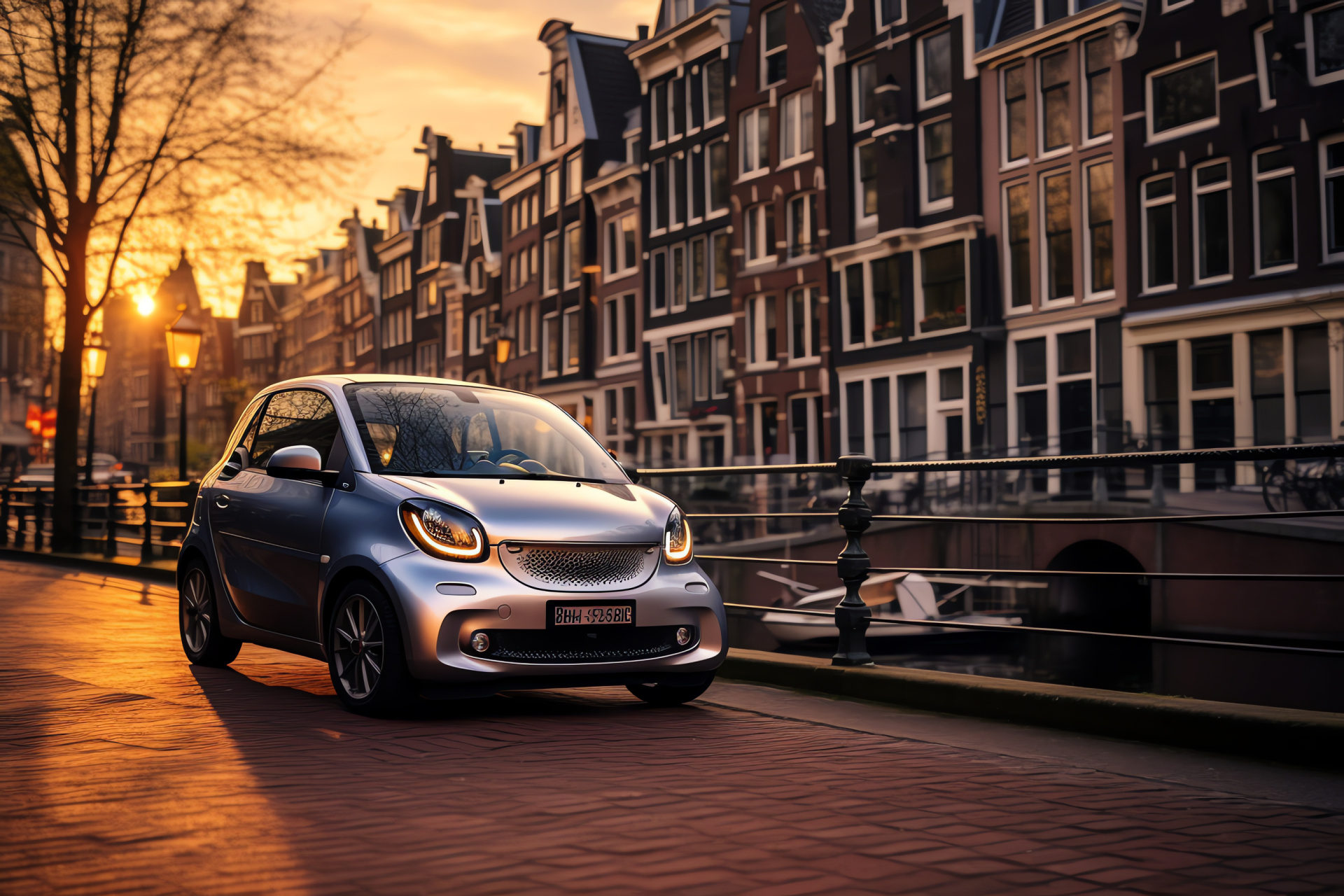 Smart ForTwo Cabriolet, Amsterdam canal view, Dutch heritage sites, Silver compact car, Nighttime city charm, HD Desktop Image