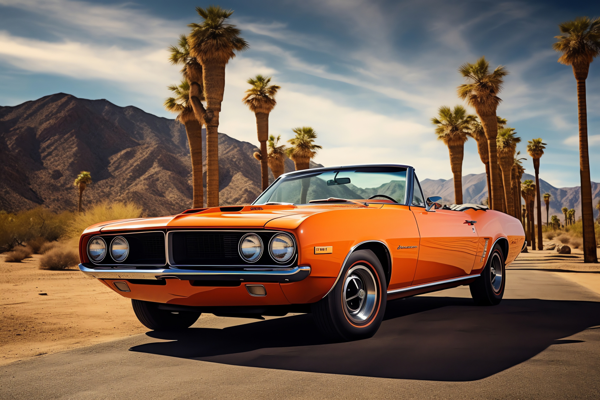 Plymouth Barracuda, arid landscape, vibrantly colored, soft-top feature, historic byway, HD Desktop Wallpaper