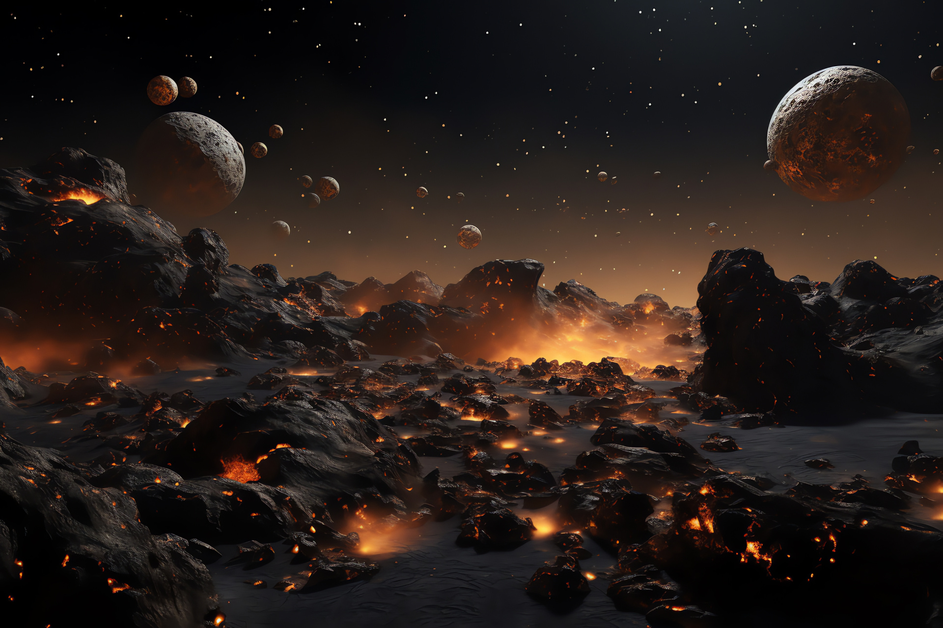 Asteroid belt panorama, Space rubble, Solar system circumnavigation, Cosmic hues, Orbiting fragments, HD Desktop Wallpaper