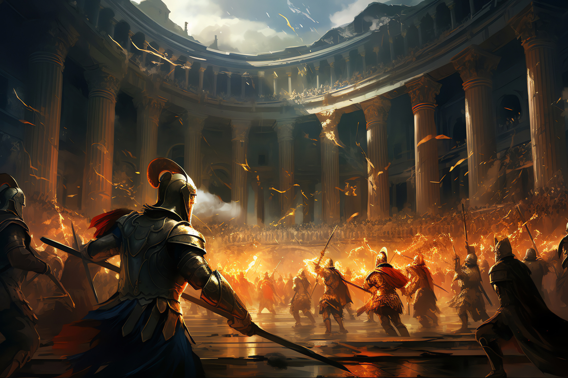 Pantheon arena combat, Mythical warrior competition, Gladiatorial setting, Coliseum grandeur, Martial spectacle, HD Desktop Image