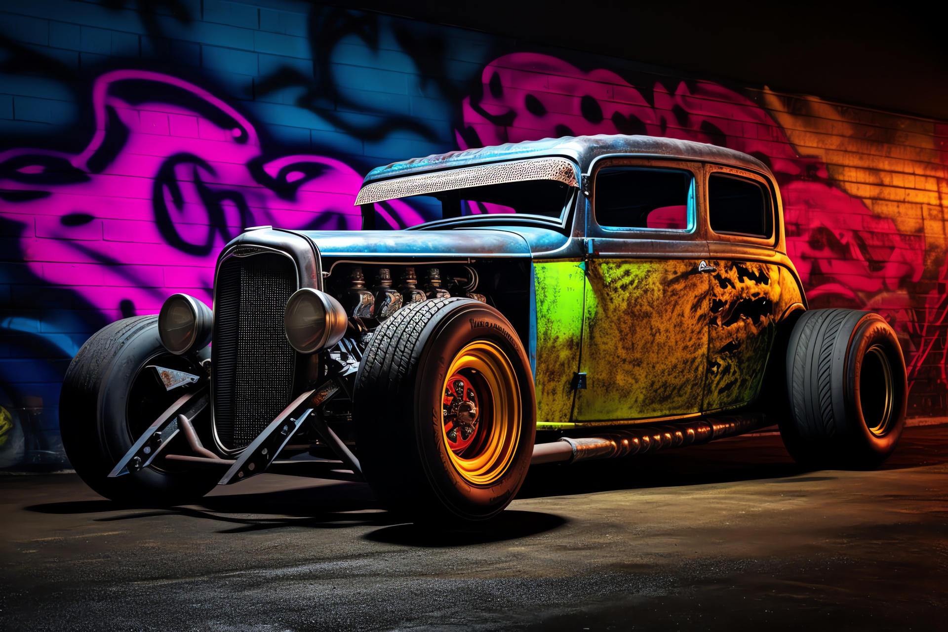 Rat Rod, Side profile aesthetic, Classic car restoration, Neon underglow, Artistic rust detailing, HD Desktop Wallpaper