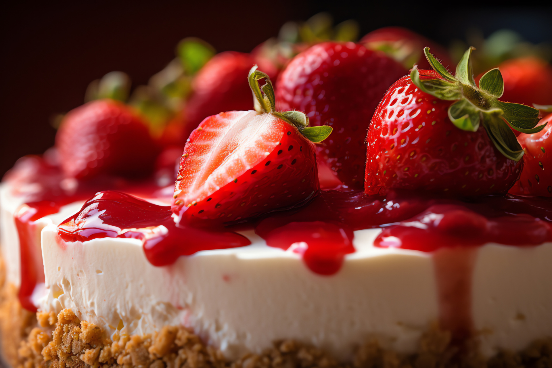 Strawberry dessert, cheesecake slice, sweet cuisine, dessert base, berry topping, HD Desktop Image