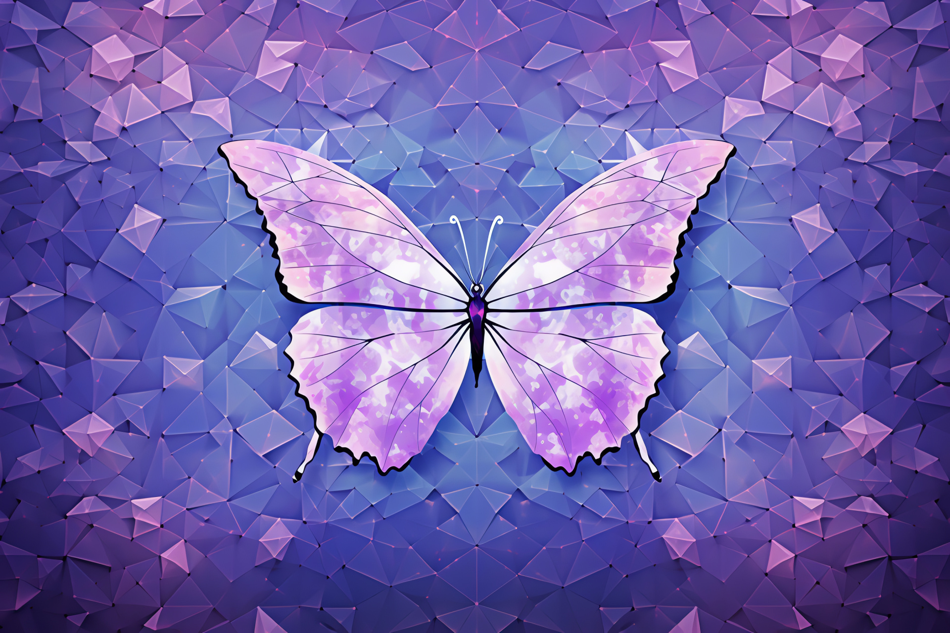 Graceful Purple butterfly, Delicate patterned wings, Geometric backdrop, Flight motion, Insect silhouette, HD Desktop Image