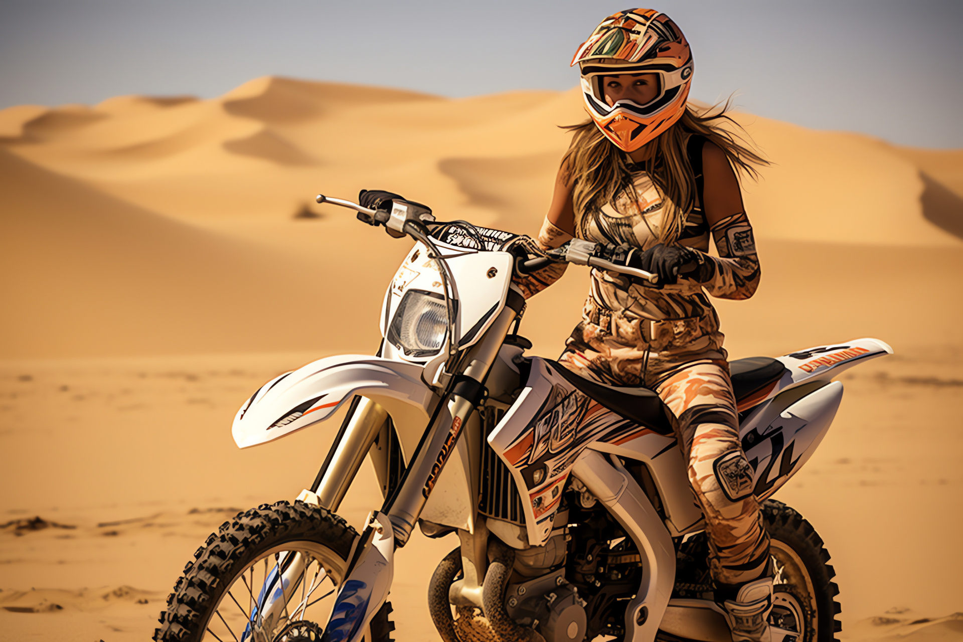 Sportbike Girl, Adventure-ready attire, Desert landscape, Off-road motorcycling, Exploration theme, HD Desktop Wallpaper