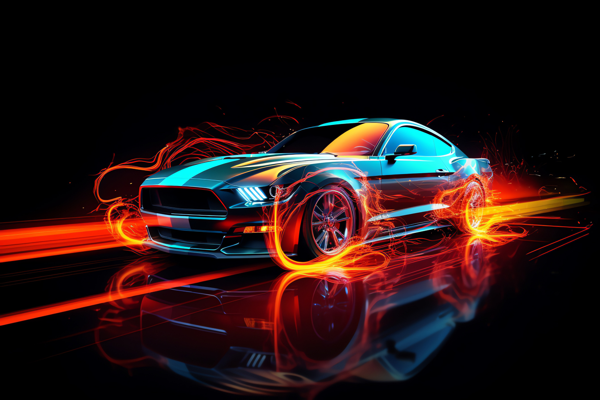 Mustang outline, Radiant contour, Expansive framing, Neon hues, Luminous backdrop, HD Desktop Wallpaper