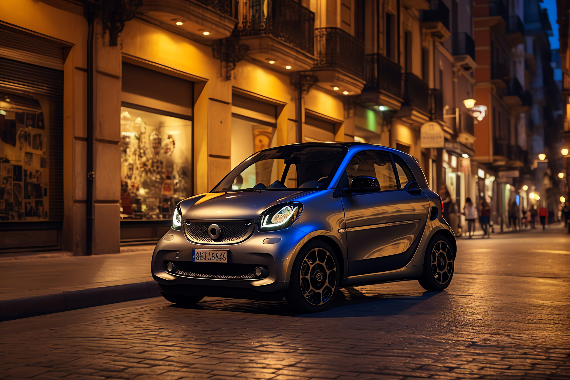 Smart Car EQ Forfour, Barcelona Gothic district, Twilight urban scenes, Reflective metallic finish, Ancient architecture contrast, HD Desktop Wallpaper