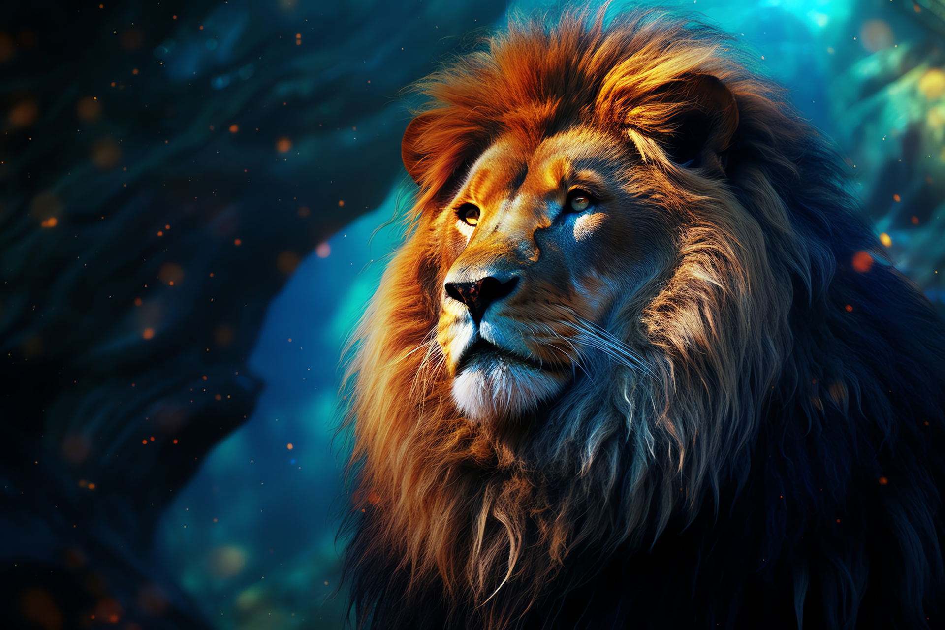 Majestic Aslan, Fictitious king of Narnia, Feline majesty, Intense feline stare, Panoramic scenery, HD Desktop Image