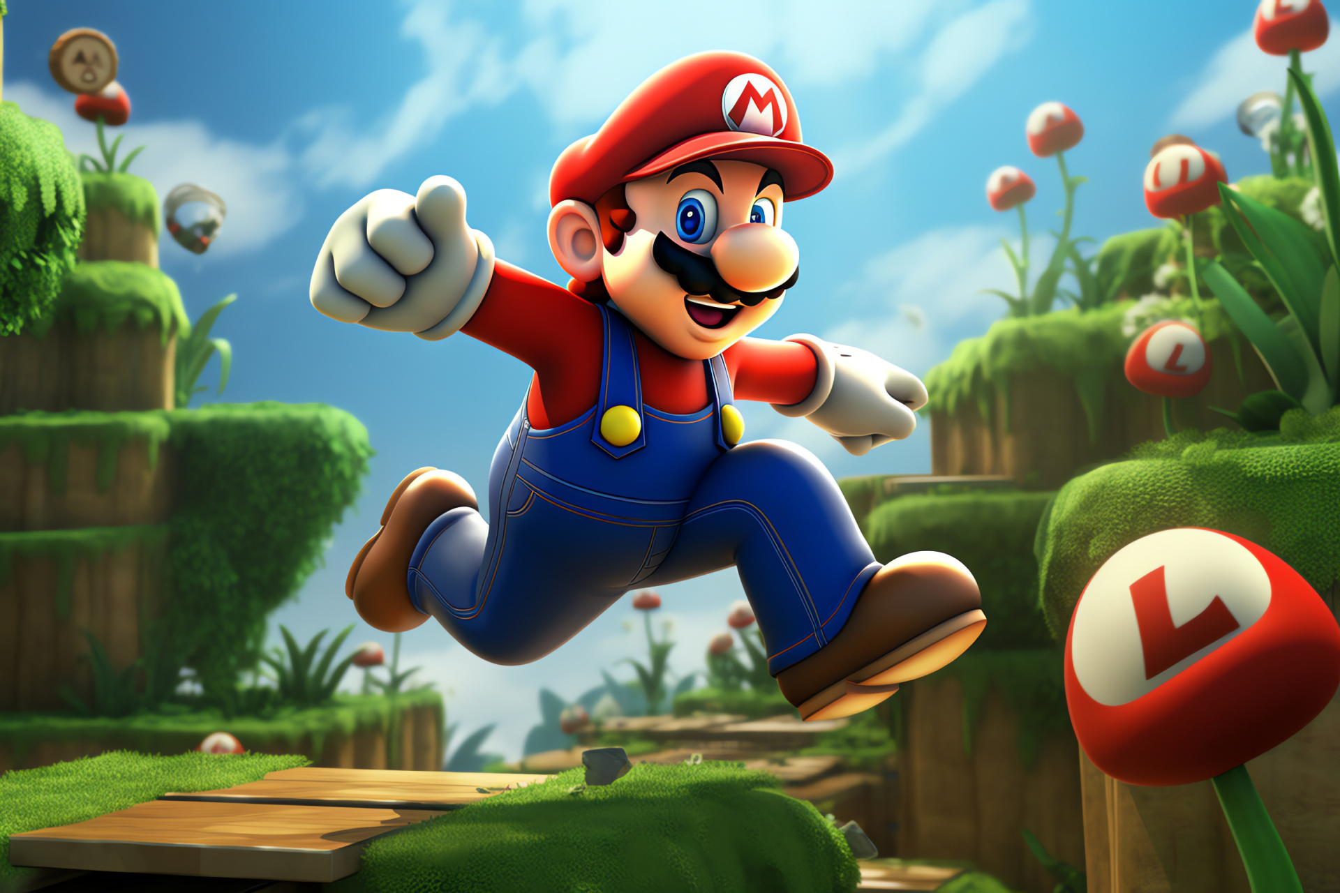 Super Mario Bros, iconic plumber, crimson headgear, denim jumpsuit, Mushroom Kingdom hero, HD Desktop Image