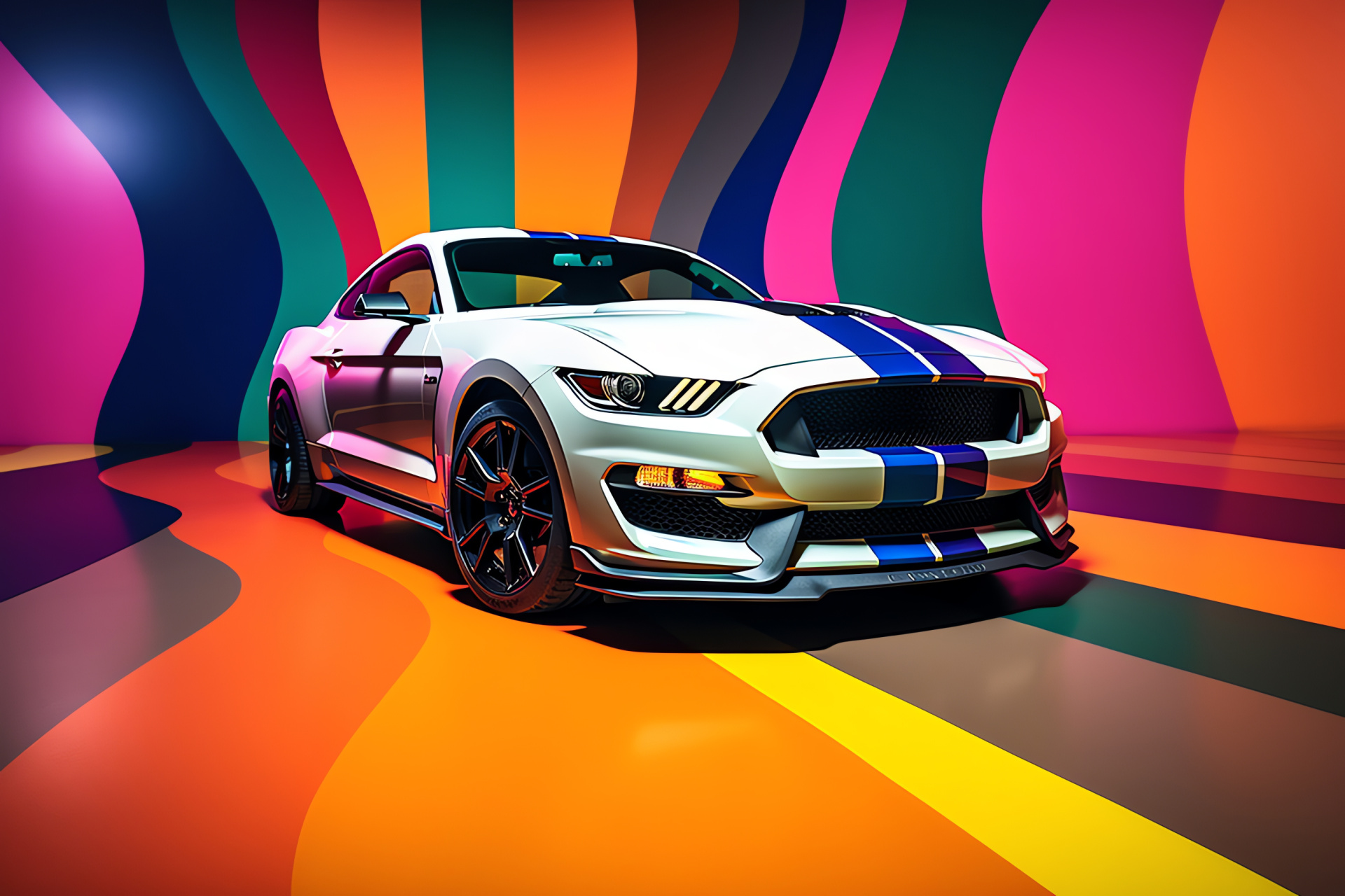 Mustang GT350, Bright spectrum setting, Elevated shot, Lively hues, Automotive photography, HD Desktop Image