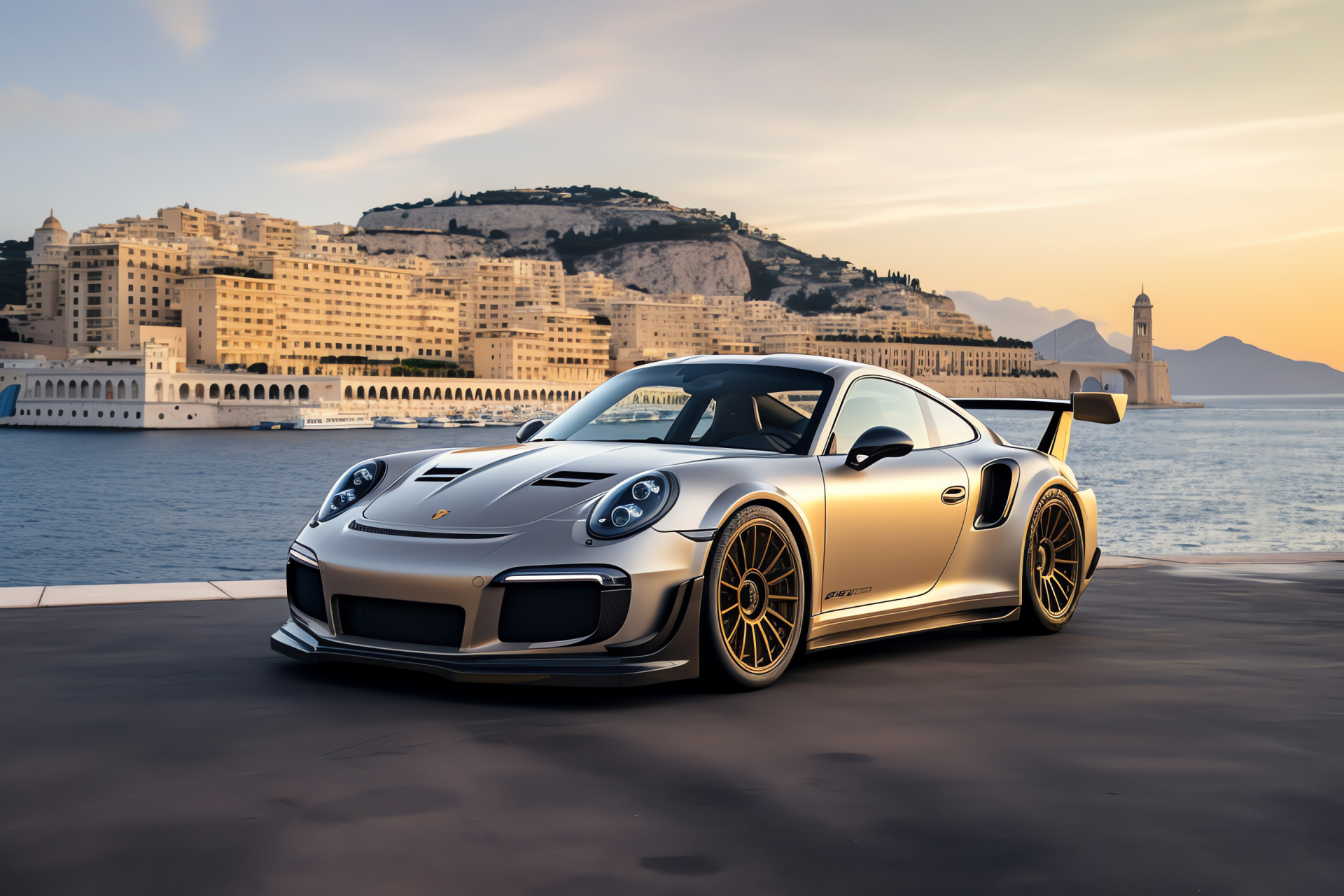 Veilside enhanced auto, Porsche 911 GT2 Monaco, circuit racing, high-performance tuning, luxury seaside setting, HD Desktop Image