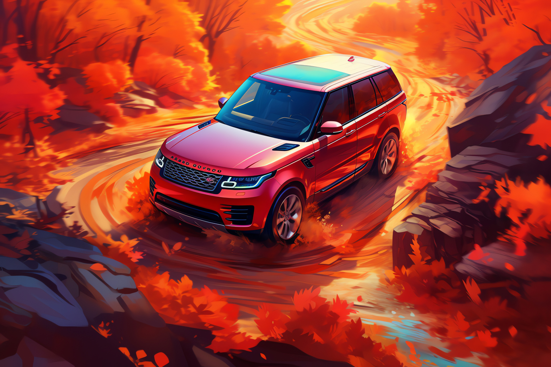 Range Rover Sport 2018 model, autumn season setting, view from above, red vehicle exterior, luxury SUV, HD Desktop Image