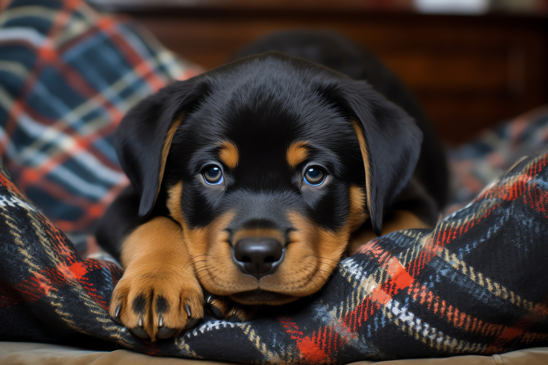 Newborn Rottweiler, soft ears, dual-toned fur, relaxed pose, cozy cushion, HD Desktop Wallpaper