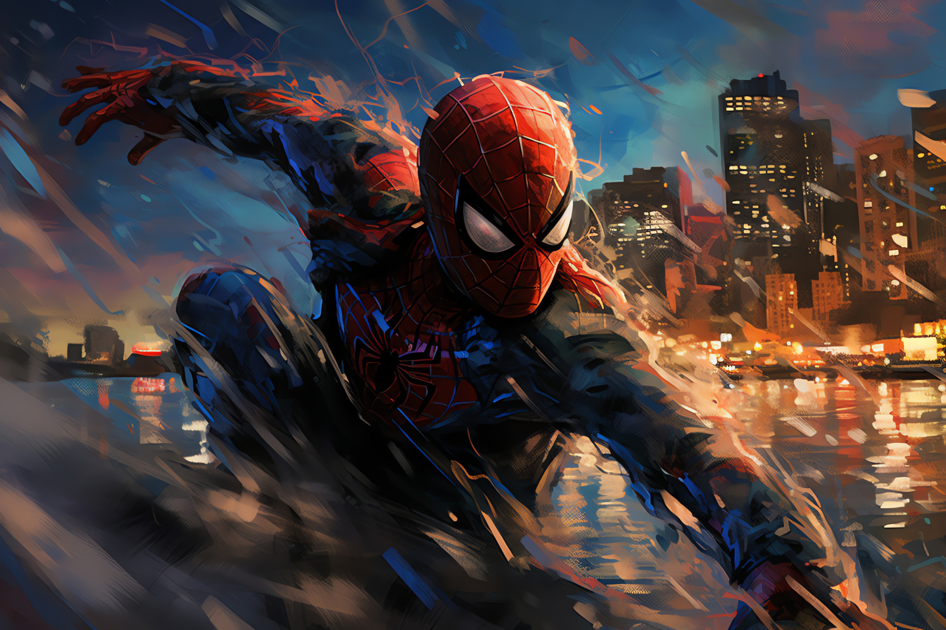 Superhero in action, Urban acrobatics, Silhouette against skyline, Vigilante justice, Advanced tech, HD Desktop Wallpaper