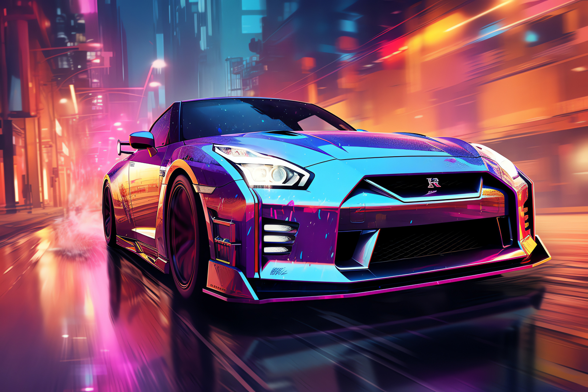 Nissan GTR HD, Cyberpunk genre art, Futuristic urban setting, Glowing cityscape, Automotive fantasy, HD Desktop Wallpaper