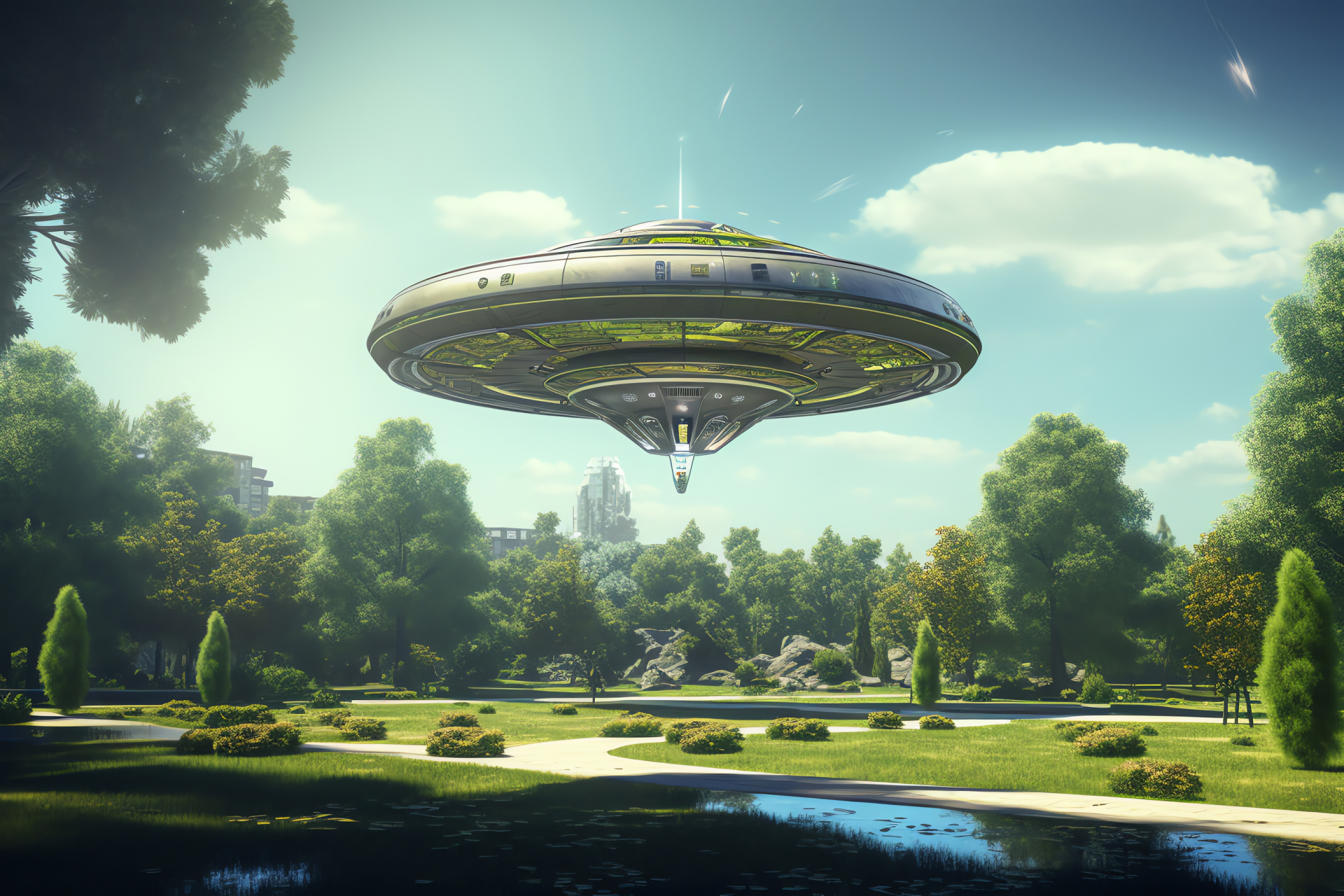 Extraterrestrial craft landing, Urban phenomenon, Otherworldly encounter, Lush environment, Fictional scenario, HD Desktop Image