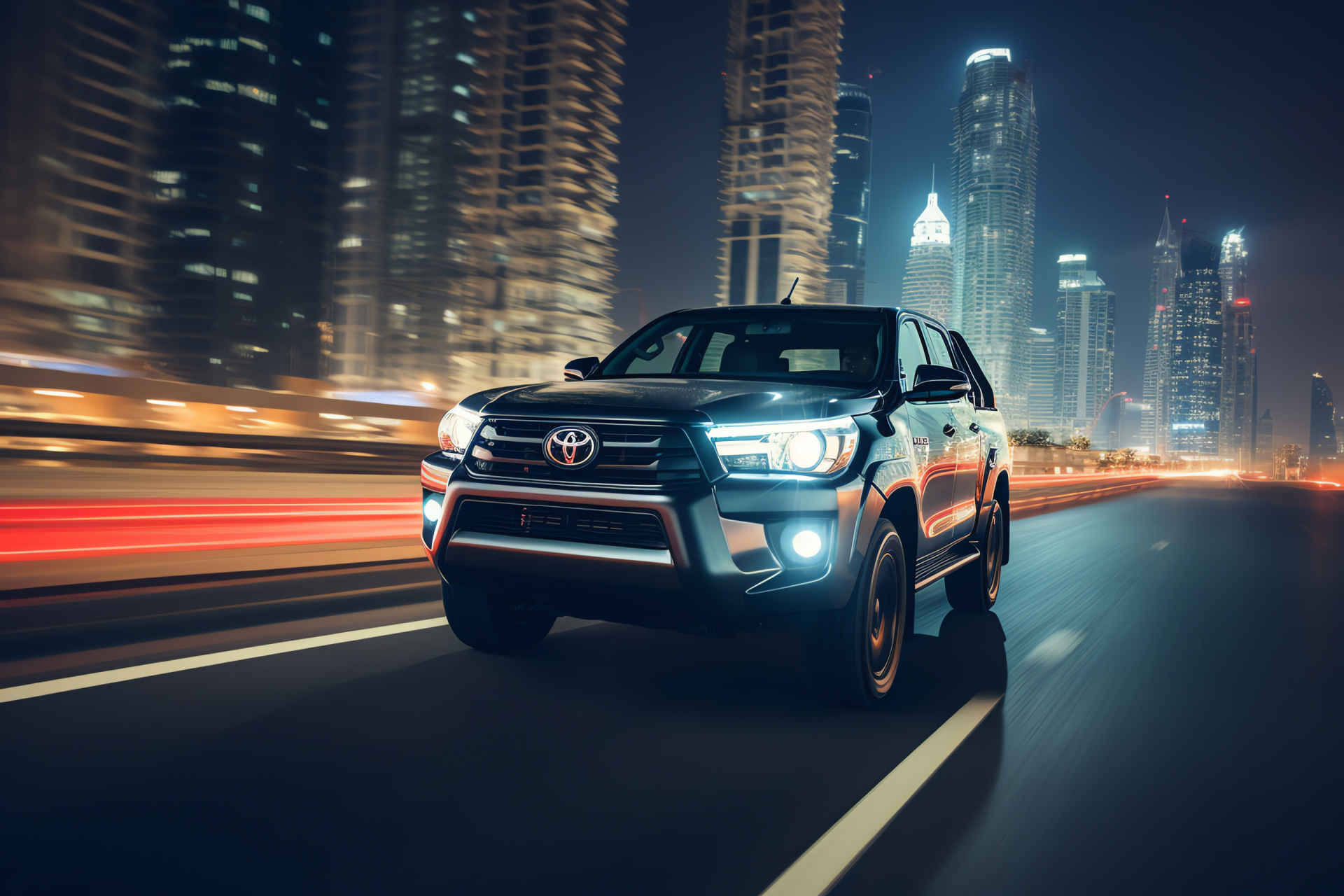 Toyota TRD badge, Dubai skyline, Sportivo version, Light-emitting diodes, Skyscraper silhouettes, HD Desktop Wallpaper