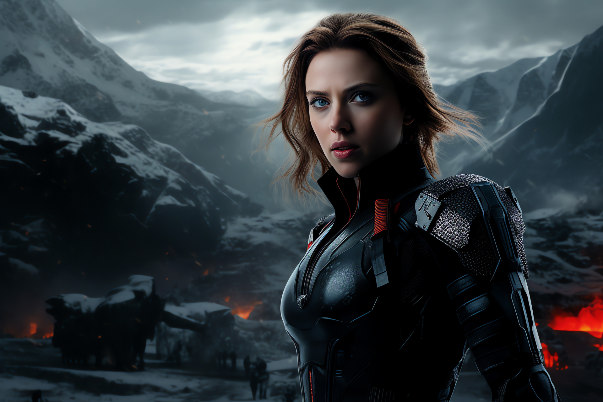 Action scene with Scarlett Johansson, Black Widow in combat, Hostile opponents, Wintry action backdrop, Superheroine portrayal, HD Desktop Image