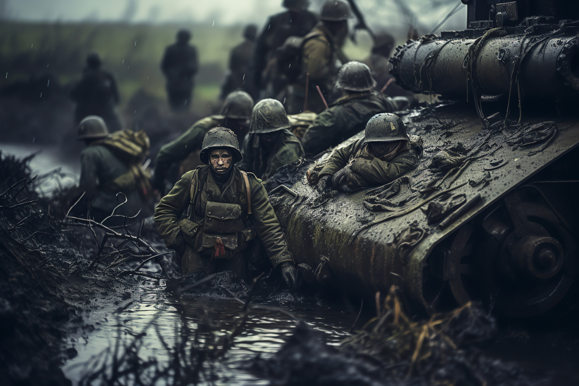 Historical D-Day interpretation, Infantry soldiers, Armored vehicle, World War II, Military headgear, HD Desktop Wallpaper