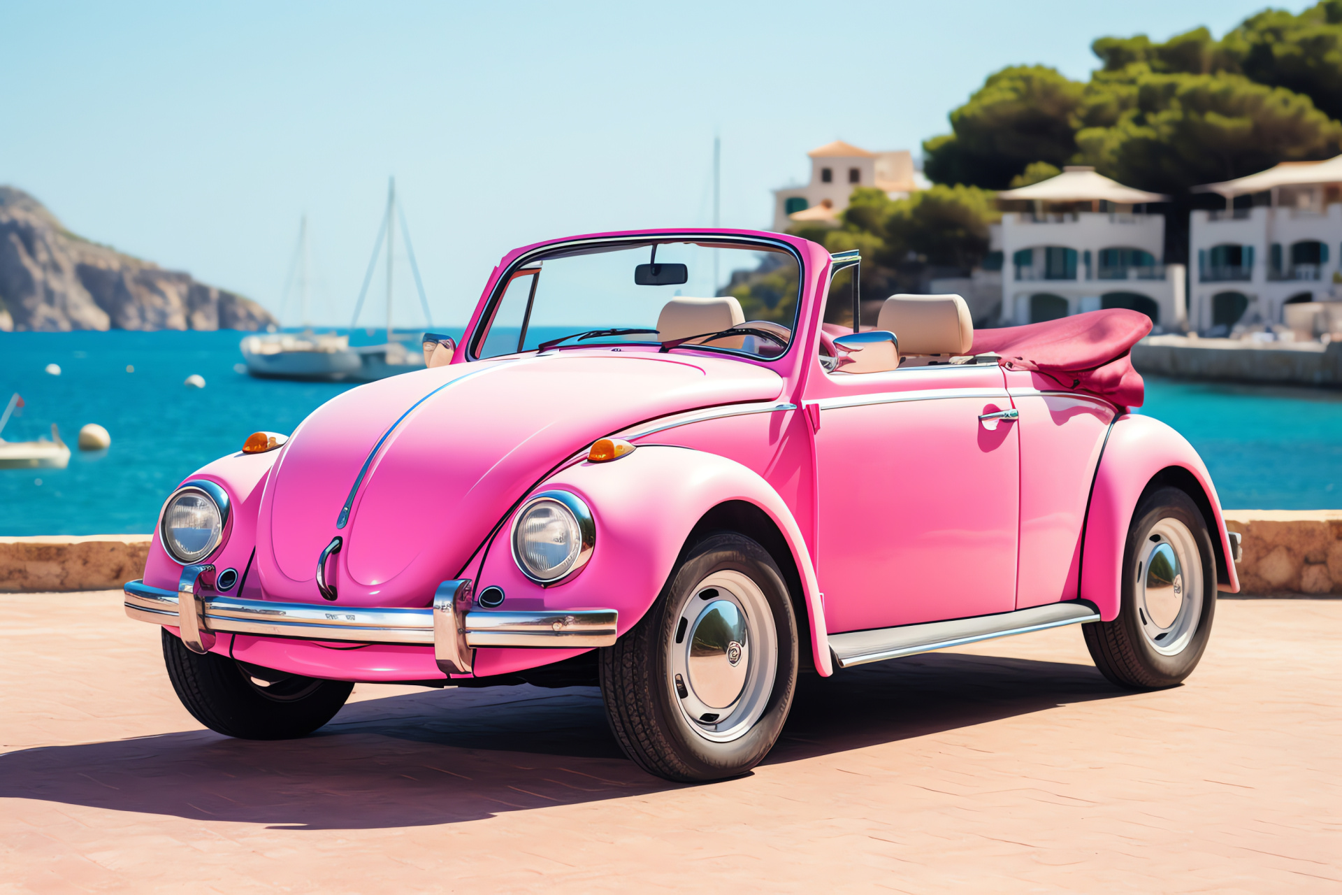 Magenta VW Convertible, Coastal roads of Ibiza, Mediterranean automobile journey, Charming beach view, Aquamarine sea, HD Desktop Wallpaper