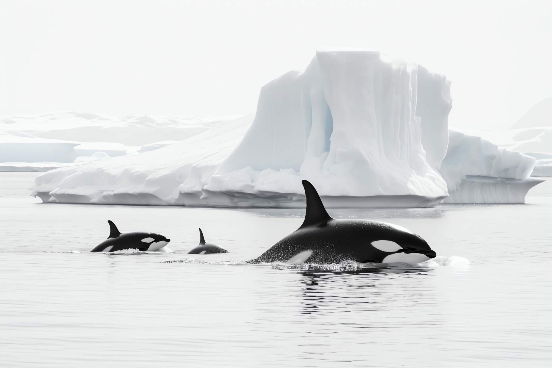 Orcinus orca, Antarctic prowler, Cetacean pod, Monochrome marine, Iceberg backdrop, HD Desktop Image