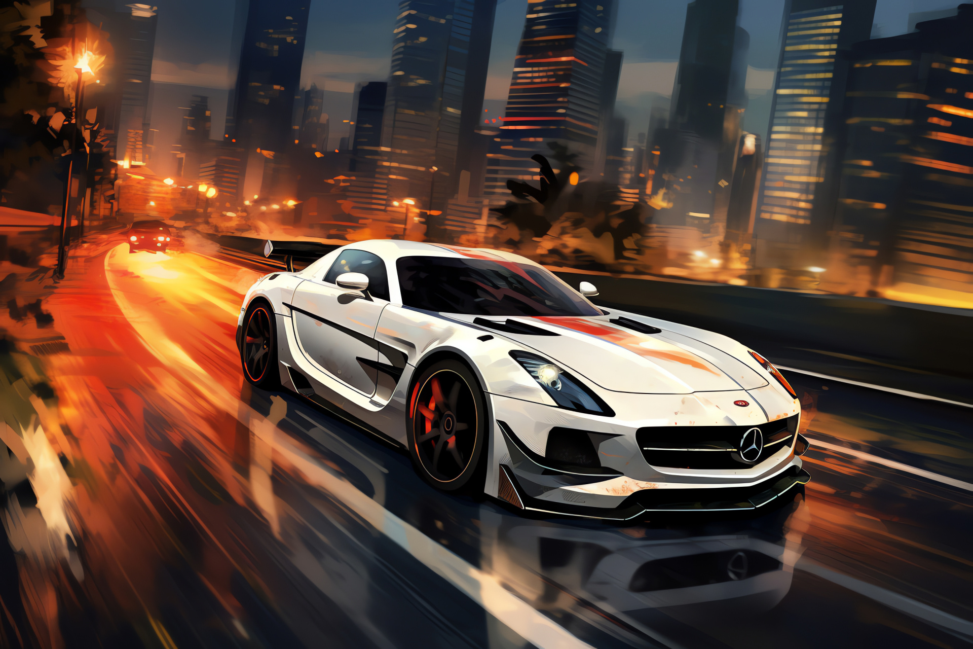 NFS Most Wanted, Luxury sports car, Speeding on freeway, Urban environment, Scenic city skyline, HD Desktop Wallpaper