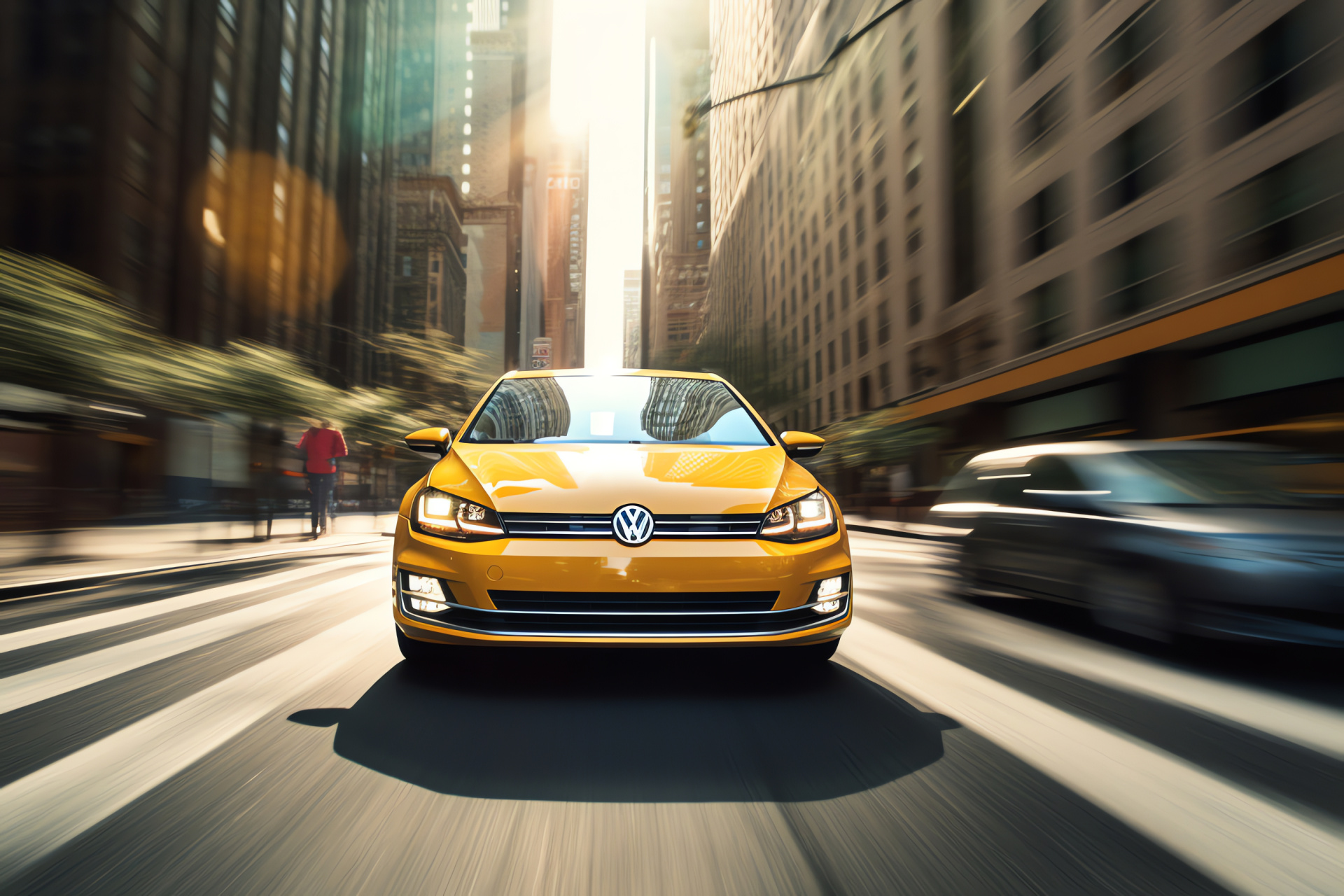 Volkswagen insignia, NYC backdrop, Volkswagen Golf, Auto motion capture, Canary yellow shade, HD Desktop Wallpaper