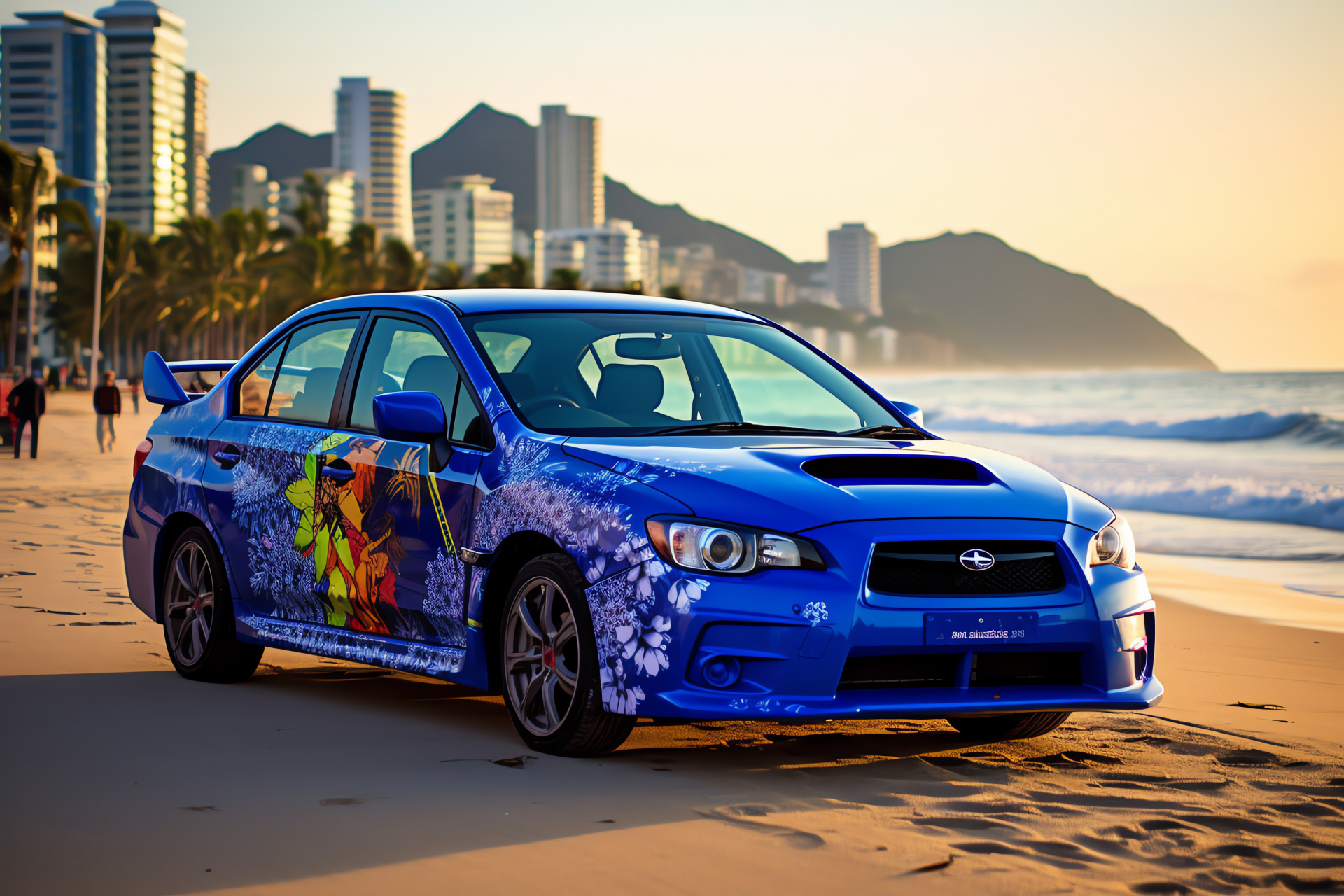 Subaru Impreza WRX STI, Custom vehicle paint, Rio de Janeiro setting, Beachside road, Tropical motors, HD Desktop Image