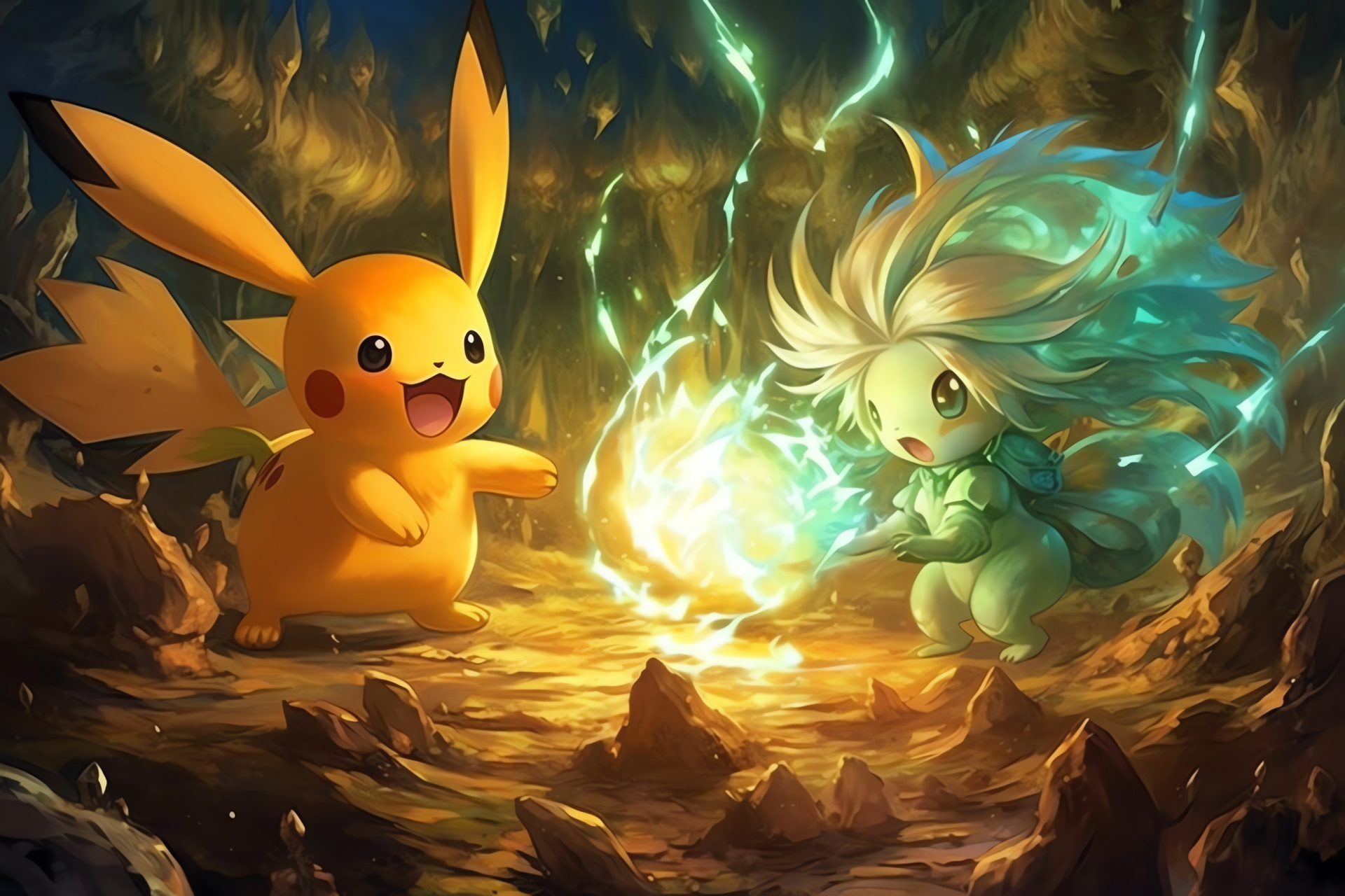 Pokemon Mystery Dungeon game, Chikorita art, Mudkip character, Strategic battle, Foes illustration, HD Desktop Wallpaper