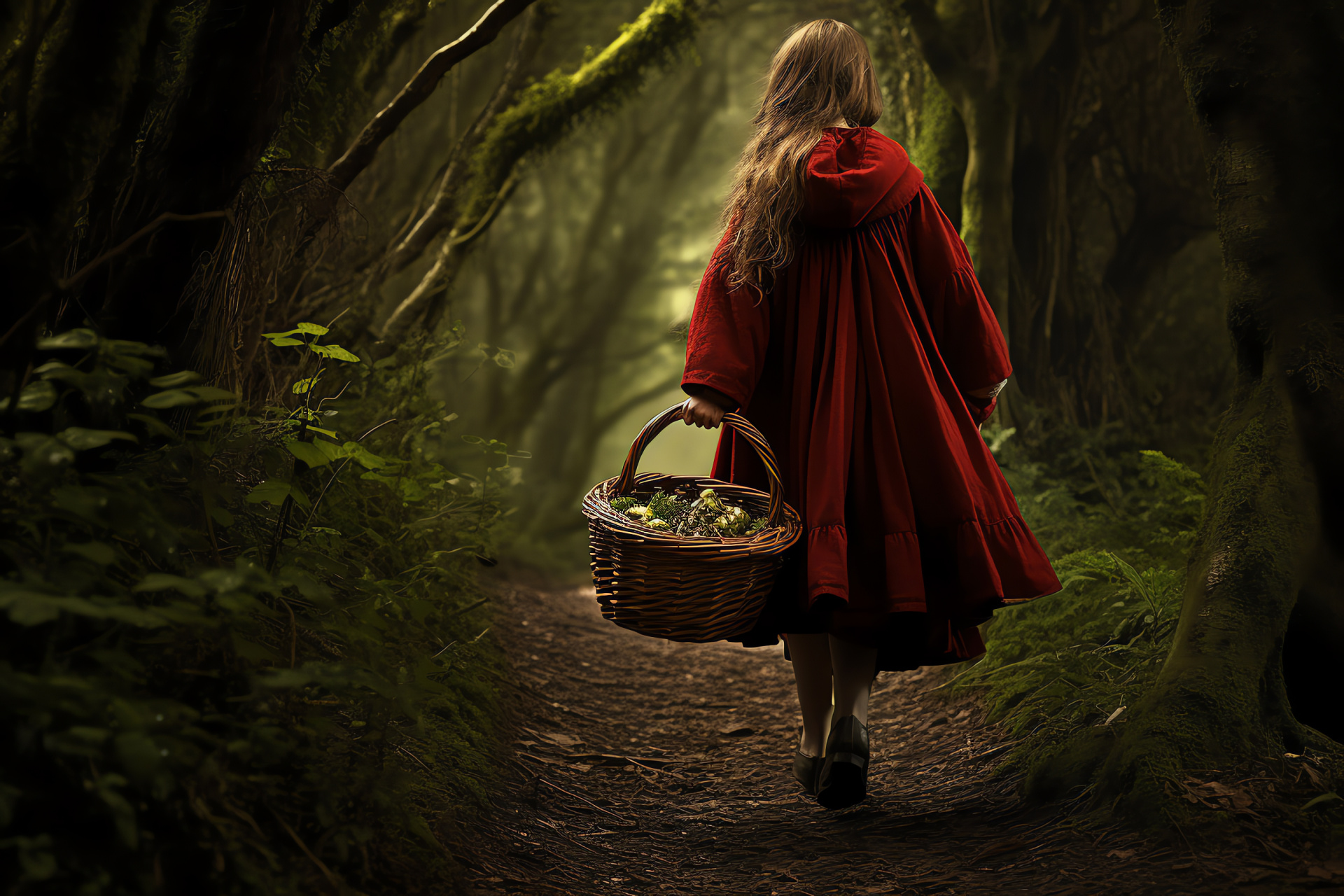 Story Red Riding Hood, Foreboding forest, Vegetation-covered trail, Towering timber, Natural scene, HD Desktop Wallpaper