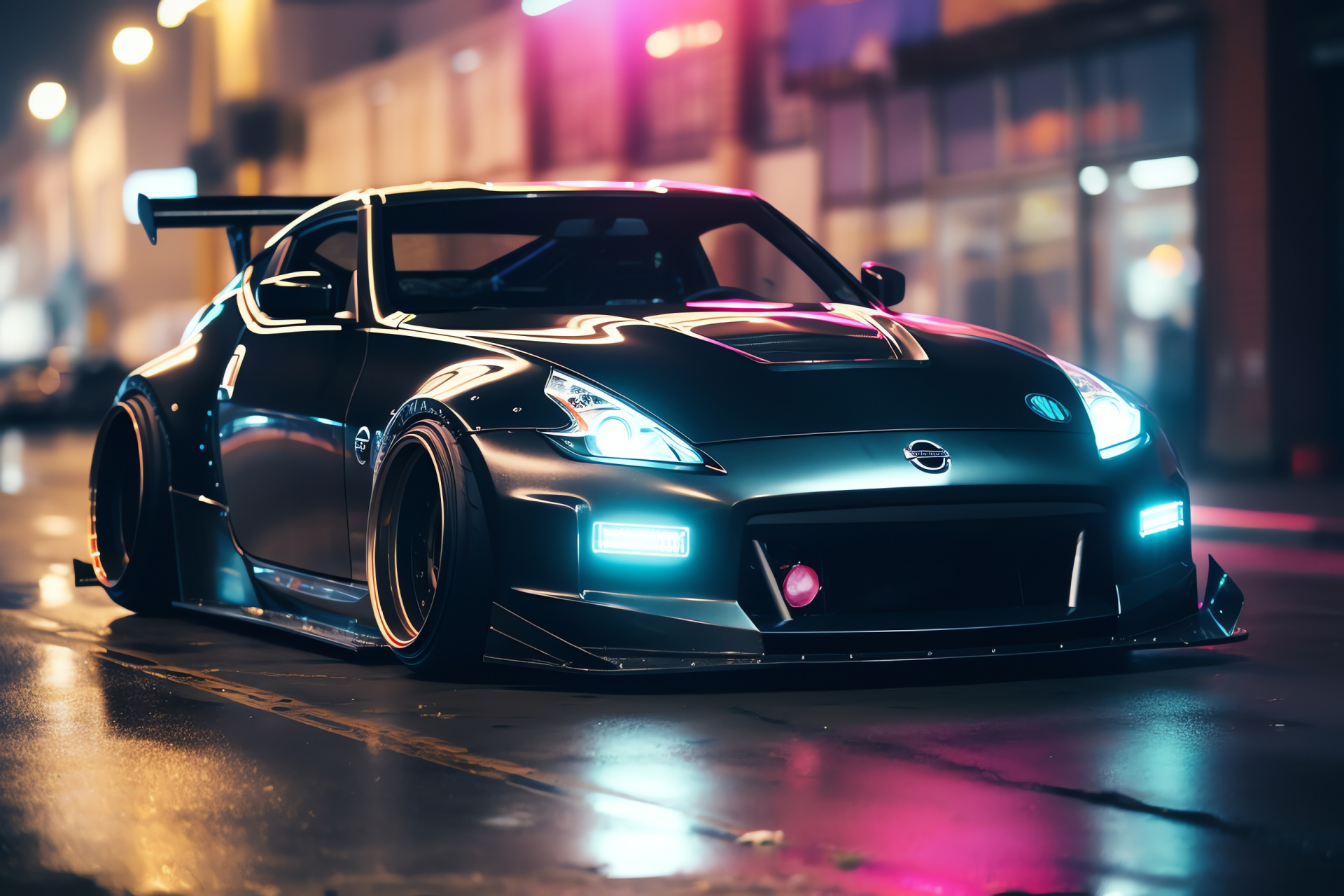 Rocket Bunny, Nissan 370Z sports car, City lights backdrop, Vehicle zoom close-up, Drift competition moment, HD Desktop Image