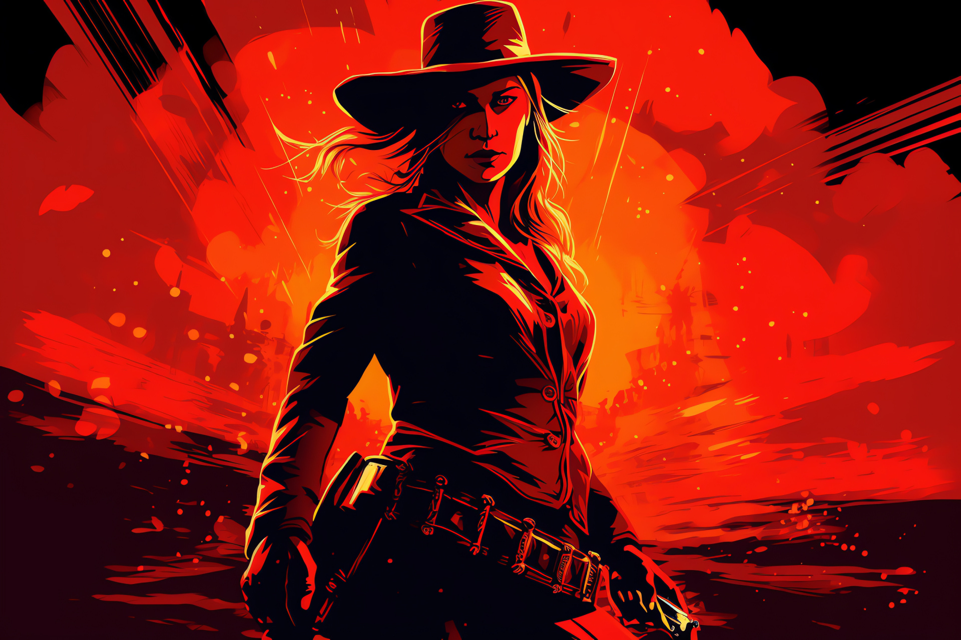Sadie Adler RDR, Piercing gray stare, Lethal weaponry, Dramatic atmosphere, Purple ambient light, HD Desktop Image