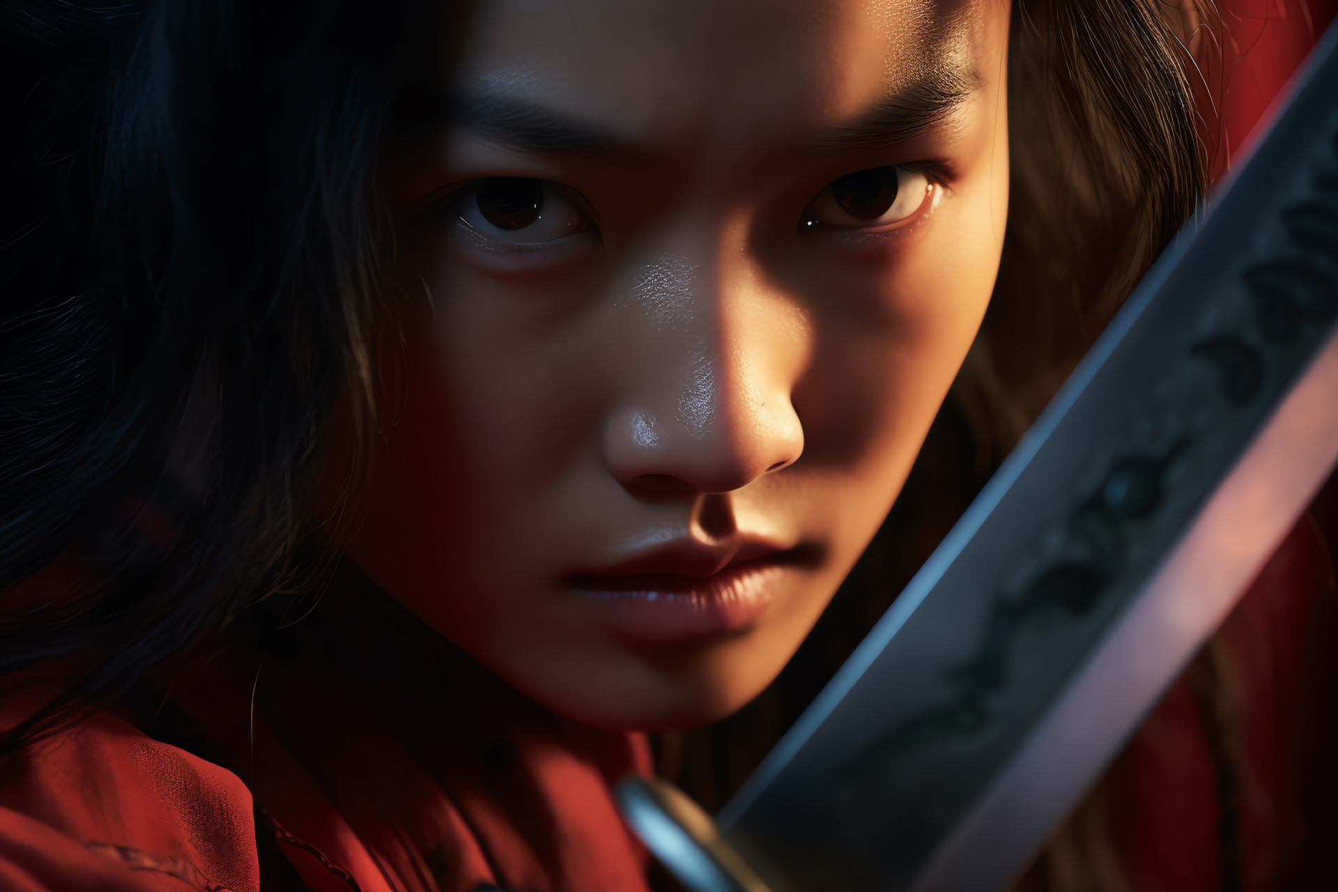 Disney's Mulan depictions, Sharp sword, Battle-ready stance, Movie heroine, Dual-shade backdrop, HD Desktop Wallpaper