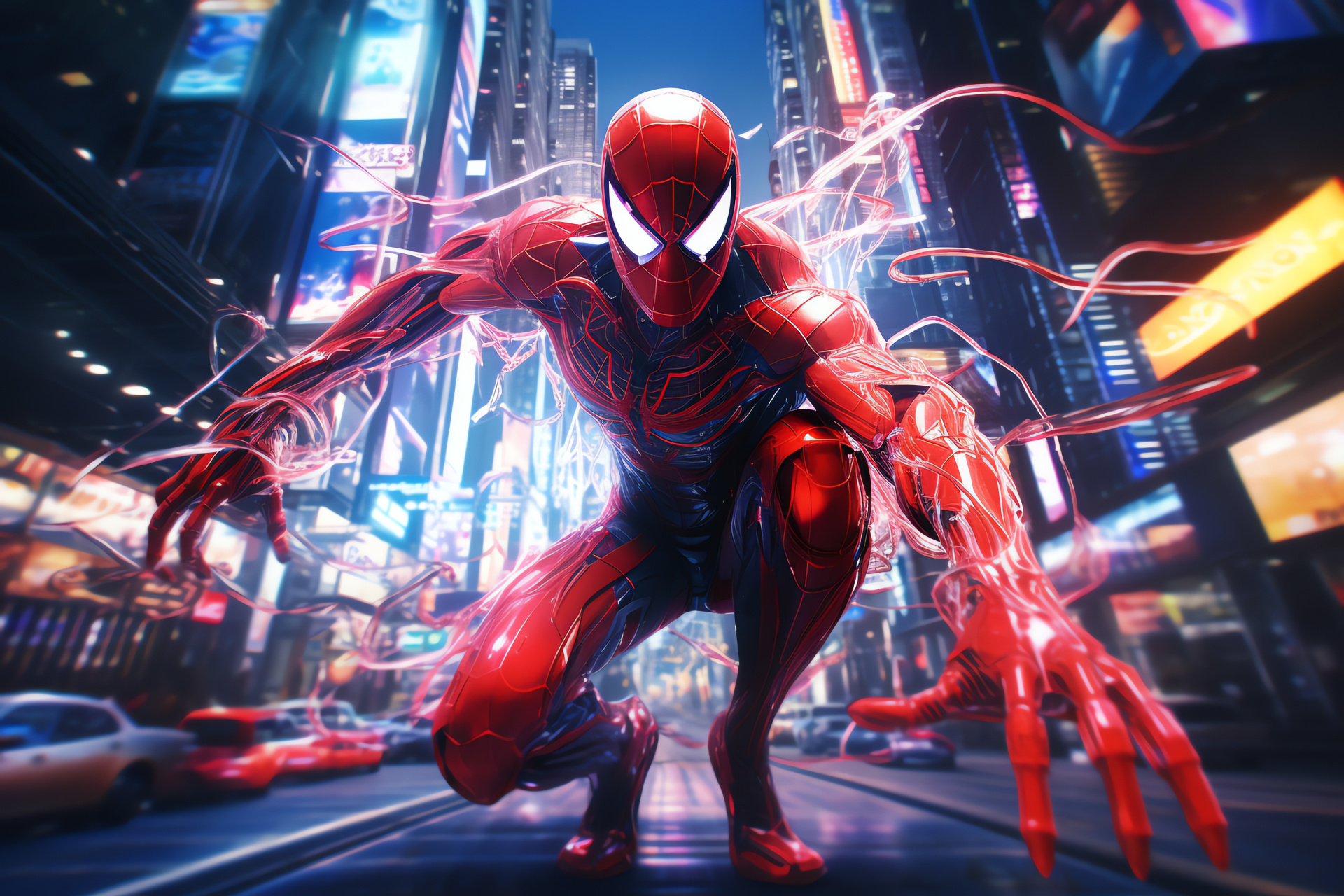 Spiderman atop Neo-Tokyo, Superhero urban adventure, Skyscraper panorama, Advanced city visuals, Holographic city imaging, HD Desktop Wallpaper