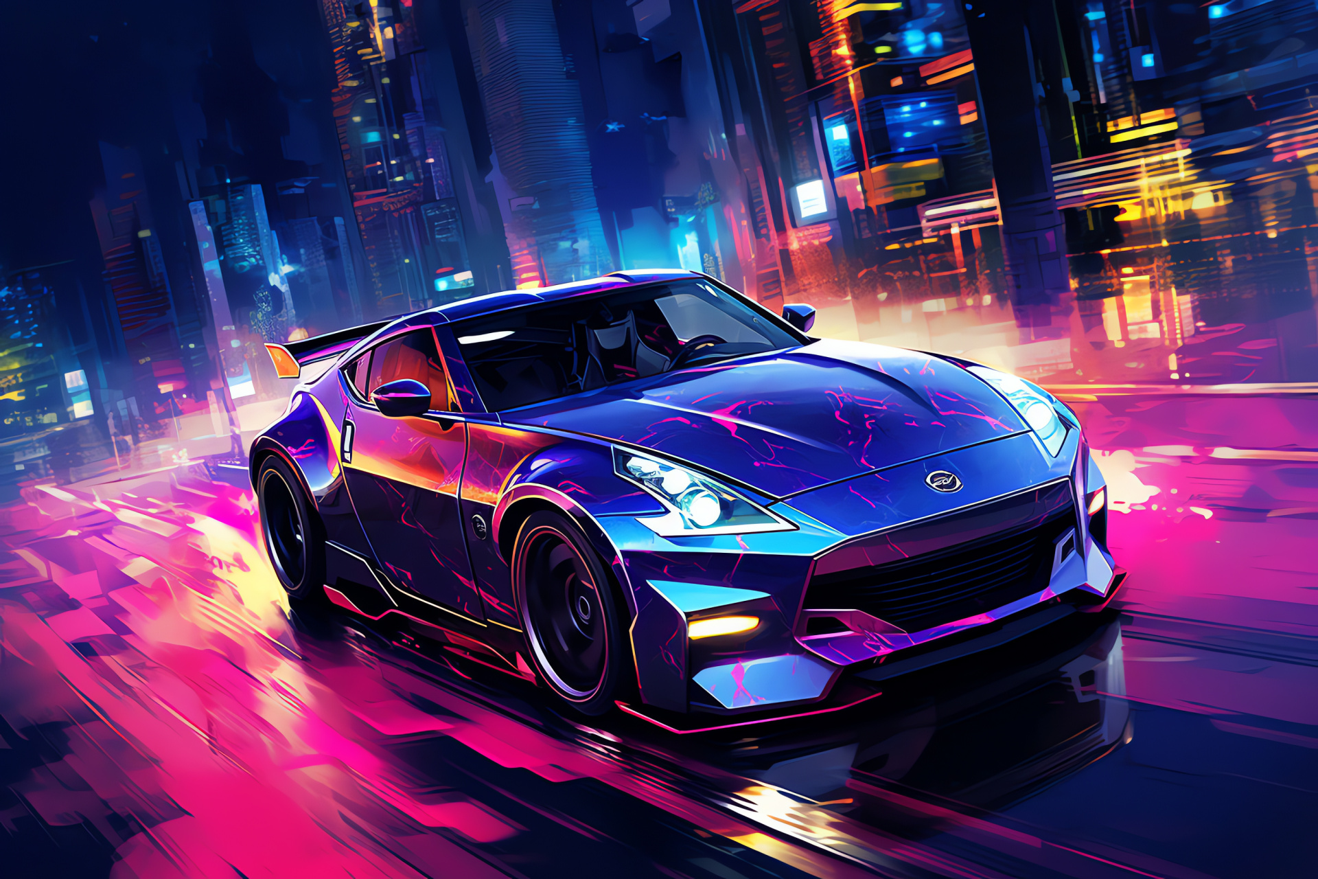 Nissan 370Z automobile, Overhead cyber scenery, Futuristic transport scene, Sci-fi urban design, Artistic cyberpunk vision, HD Desktop Image