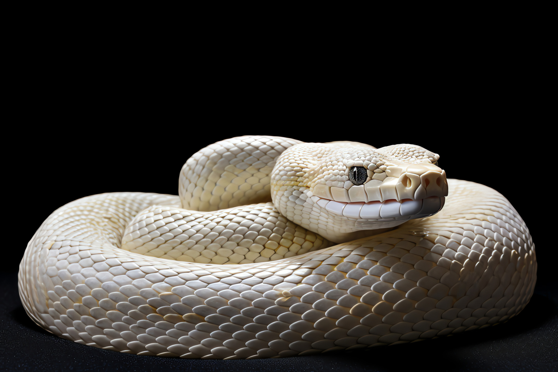 Albino python, Python slithering motion, Reptile shimmering skin, Snake black backdrop, Python striking pose, HD Desktop Wallpaper