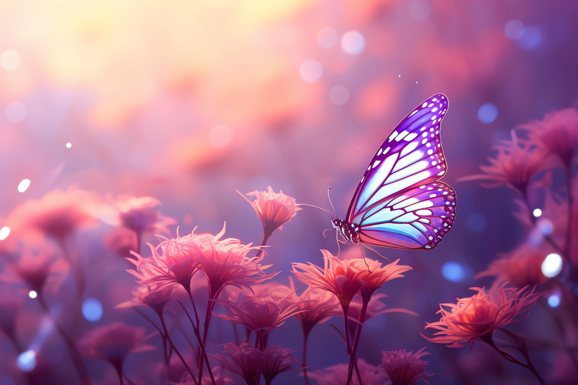 Pink butterfly species, wings flutter, intricate wing design, delicate aerial dance, warm zephyr waves, HD Desktop Image