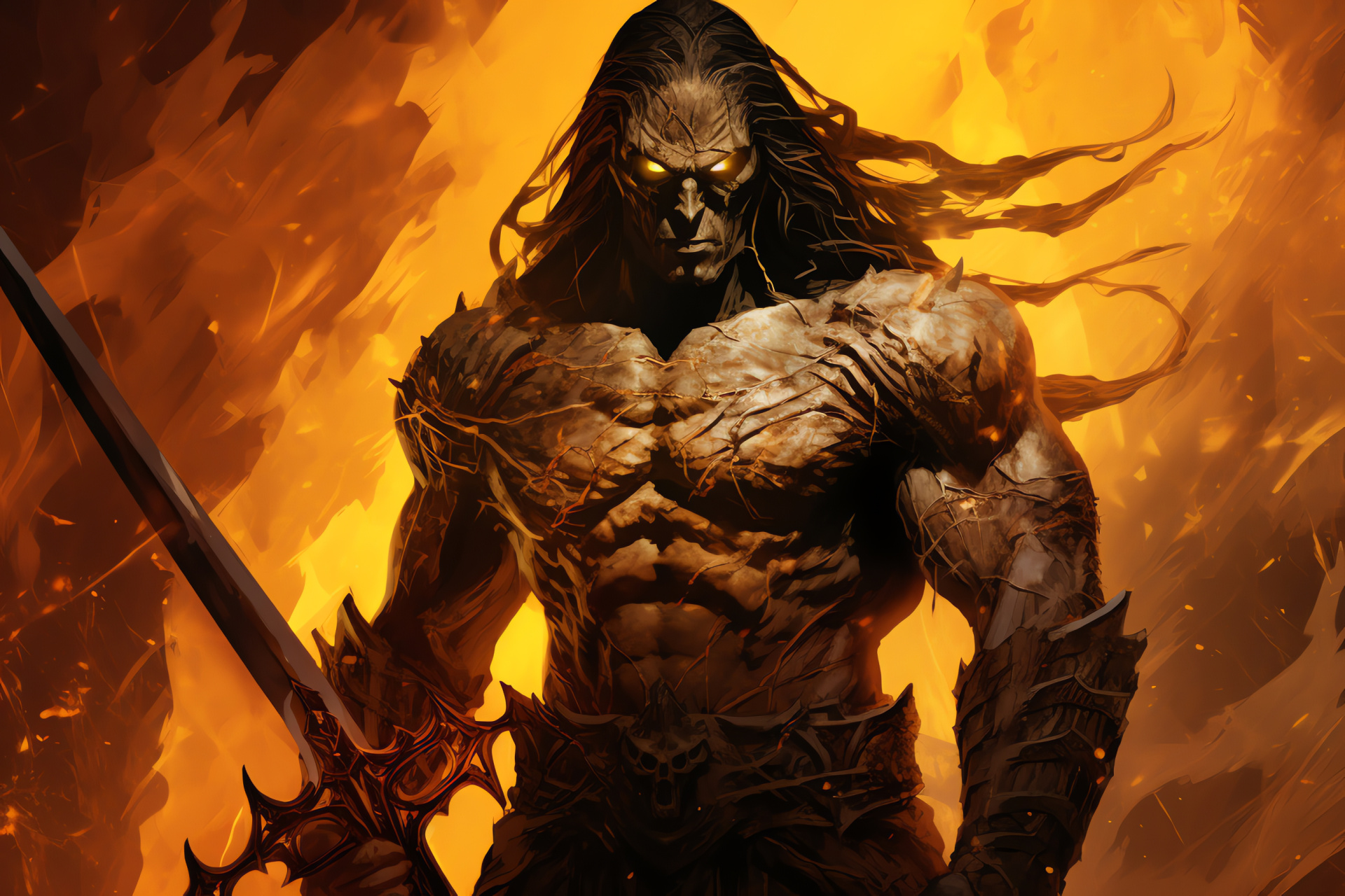 Epic Neverwinter Nights, Sword-wielding legend, Monochrome backdrop, Striking yellow gaze, Warrior scars, HD Desktop Image