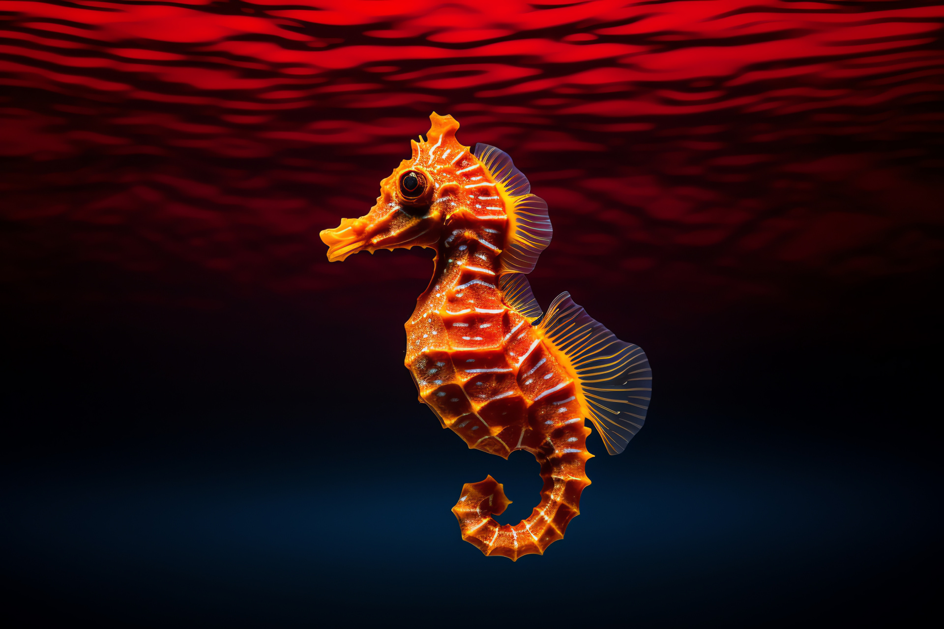 Sea Horse, monochrome pattern, mid-water stance, golden yellow eyes, marine species, HD Desktop Wallpaper