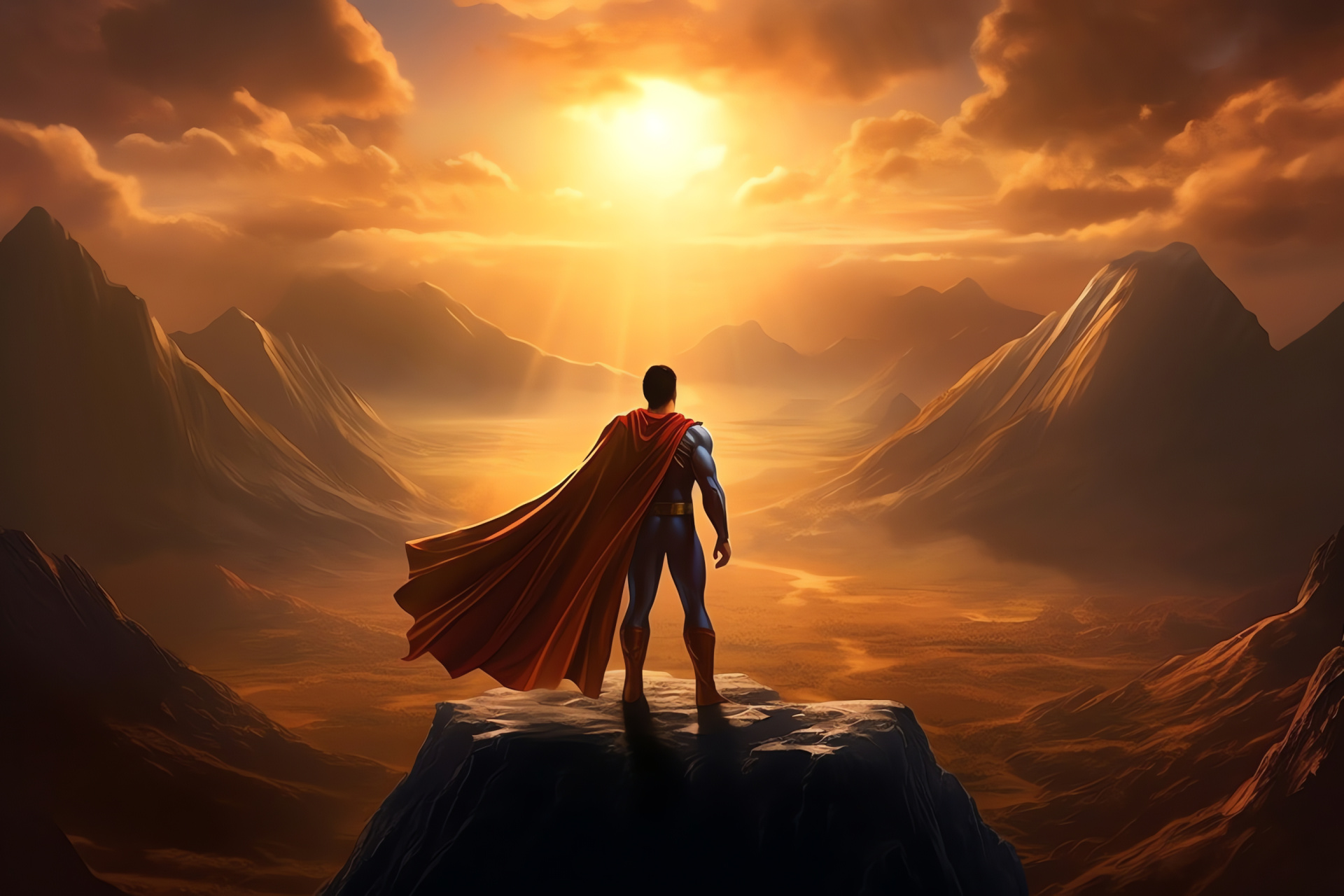 New Superman, alpine altitude, atmospheric elements, heroic cape, dusk illumination, HD Desktop Image