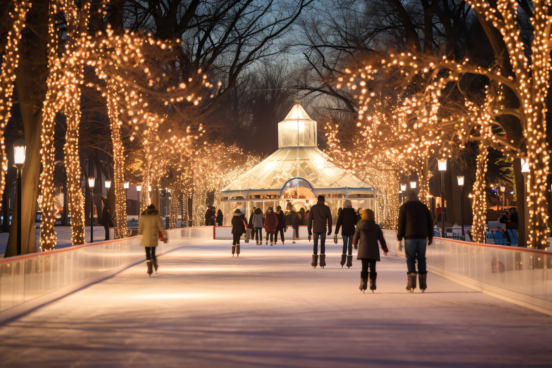 Public park festooned with white Christmas lights, ice rink under tree canopy, jubilant winter merriment, HD Desktop Wallpaper