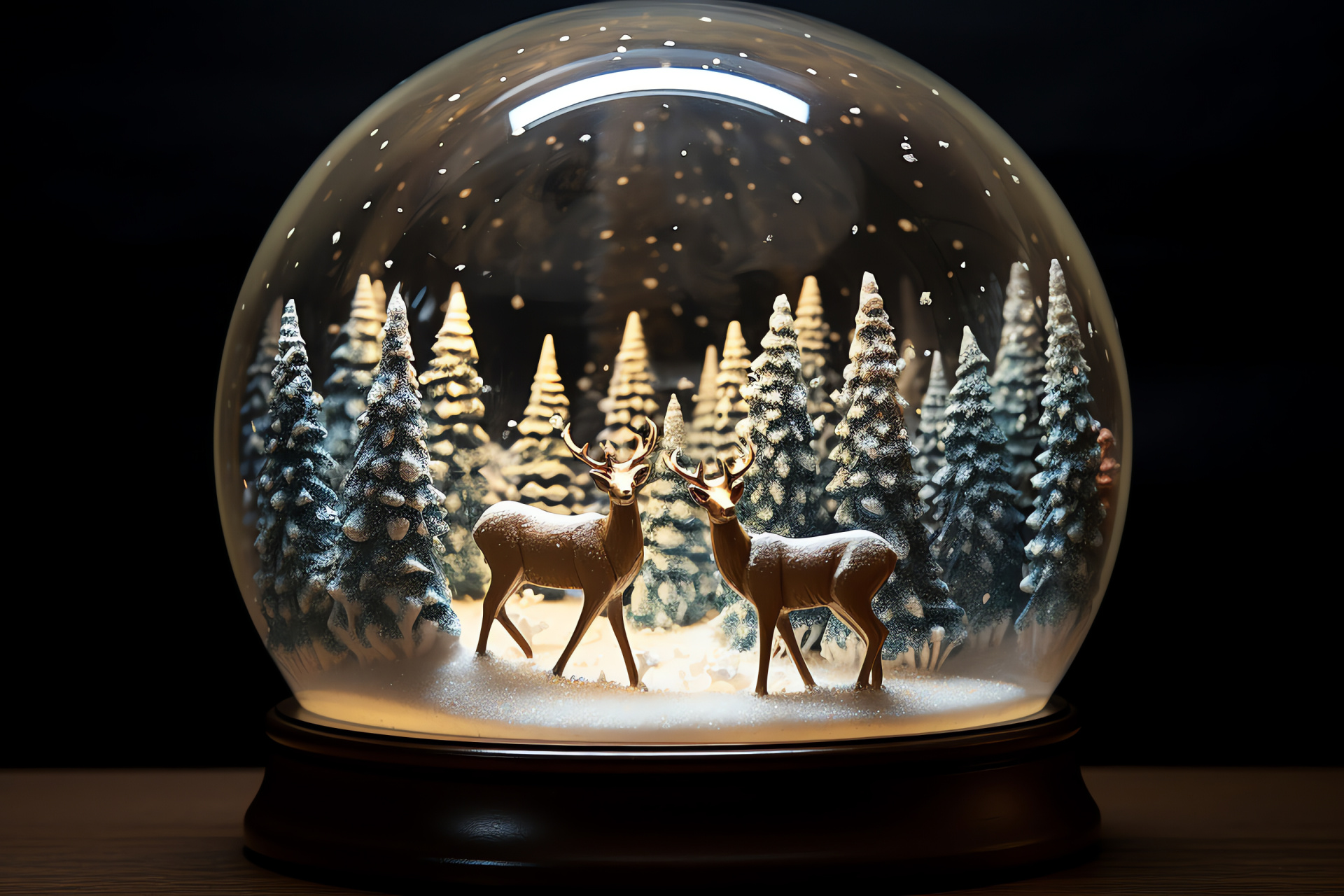 Snow Globe, wintry wilderness, pine giants, snowdrift, moonlit night, HD Desktop Image