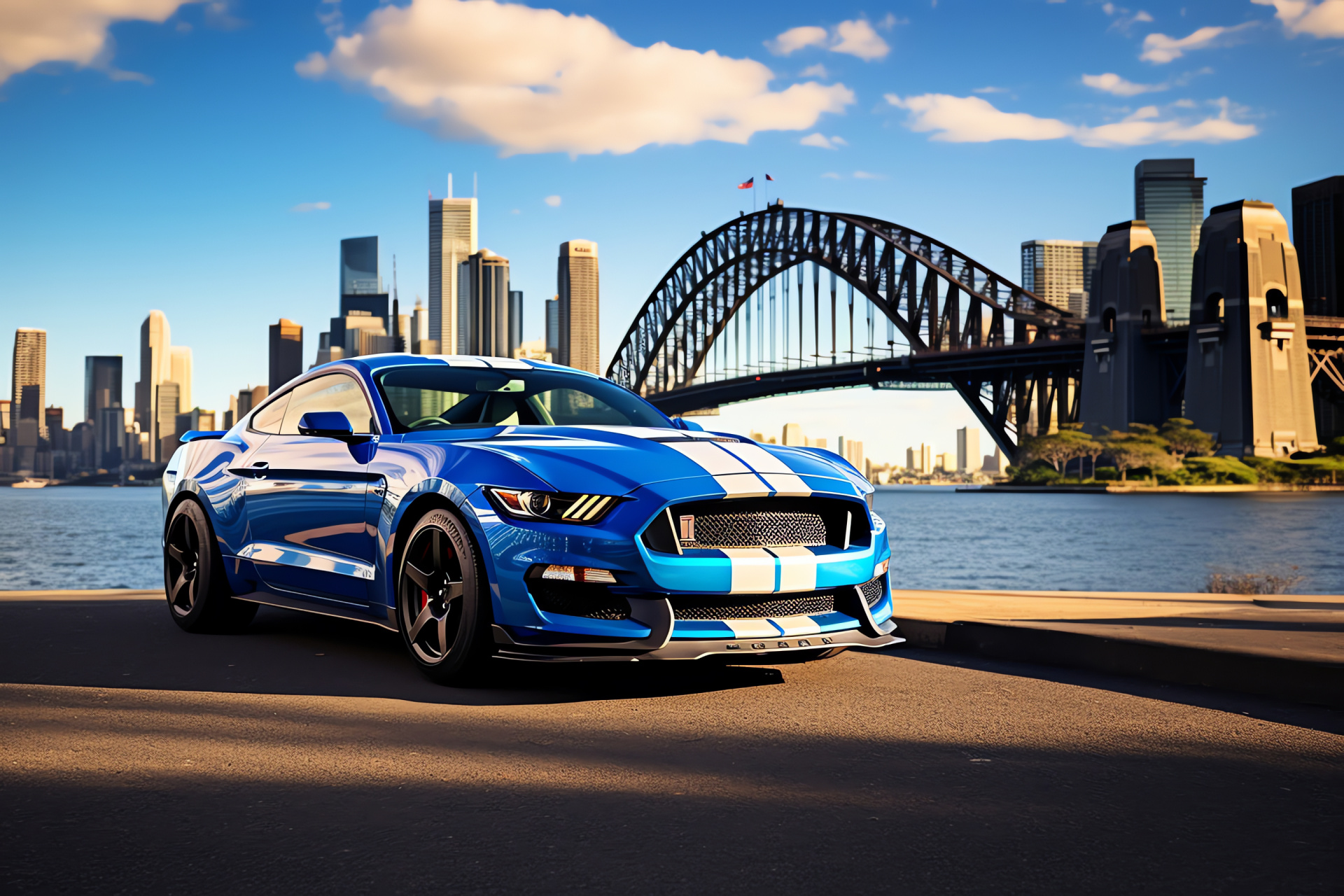 Mustang GT350, Sydney Opera House proximity, Harbour Bridge span, Metropolitan backdrop, Dynamic driving experience, HD Desktop Image