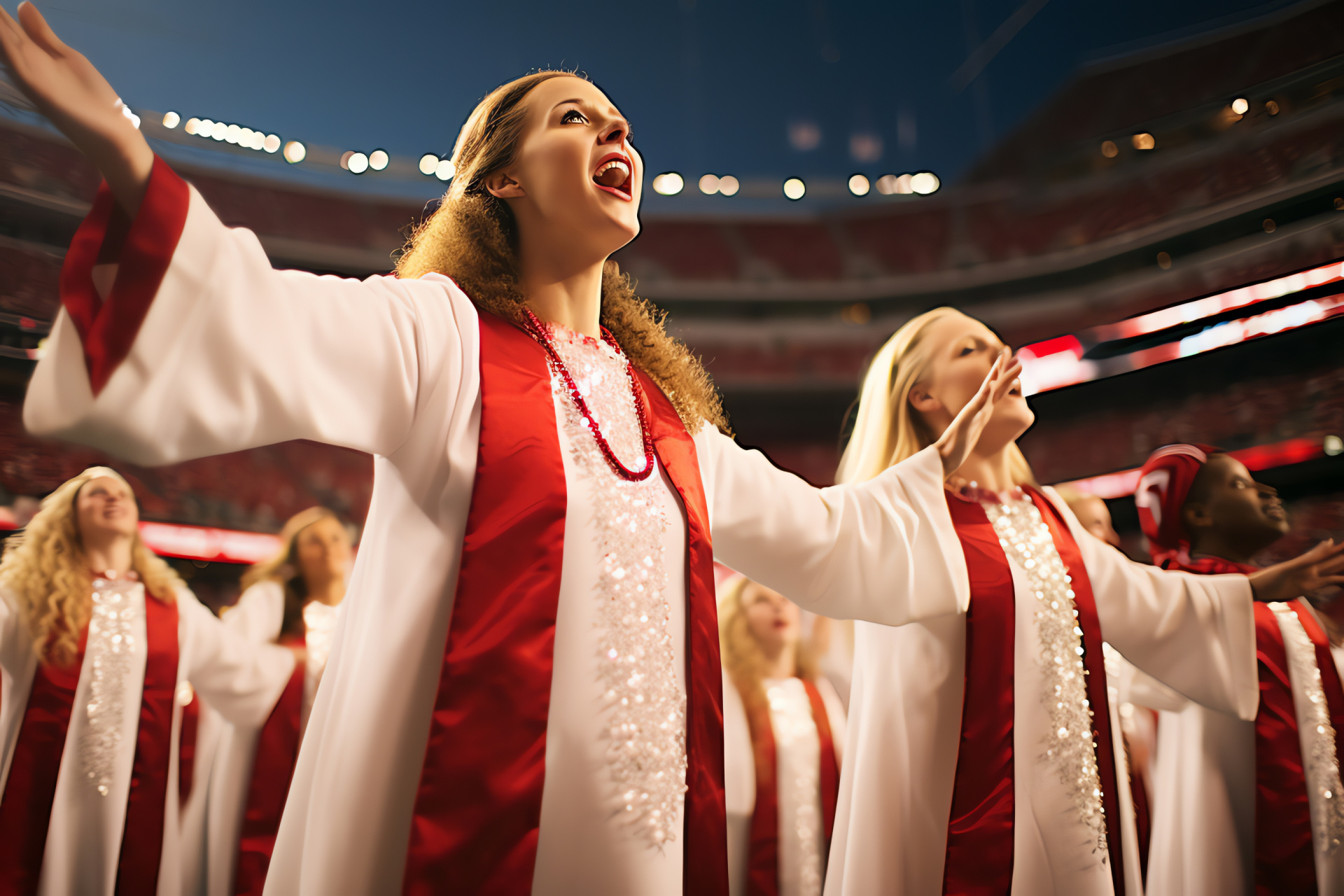 NFL Holiday event, American football, Choir performance, Festive decorations, Audience delight, HD Desktop Image