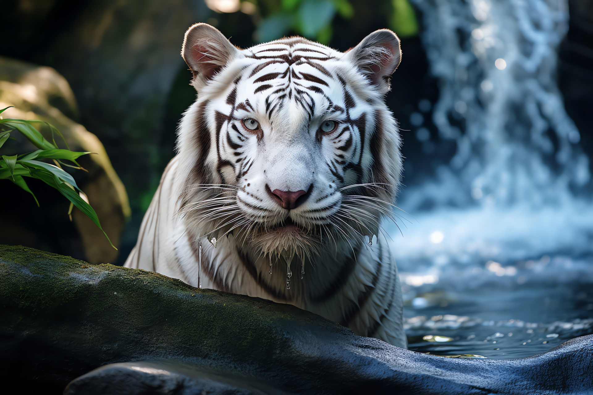 White Tiger, Aquatic gaze, Moisture-kissed skin, Reflective droplets, Jungle's royalty, HD Desktop Wallpaper