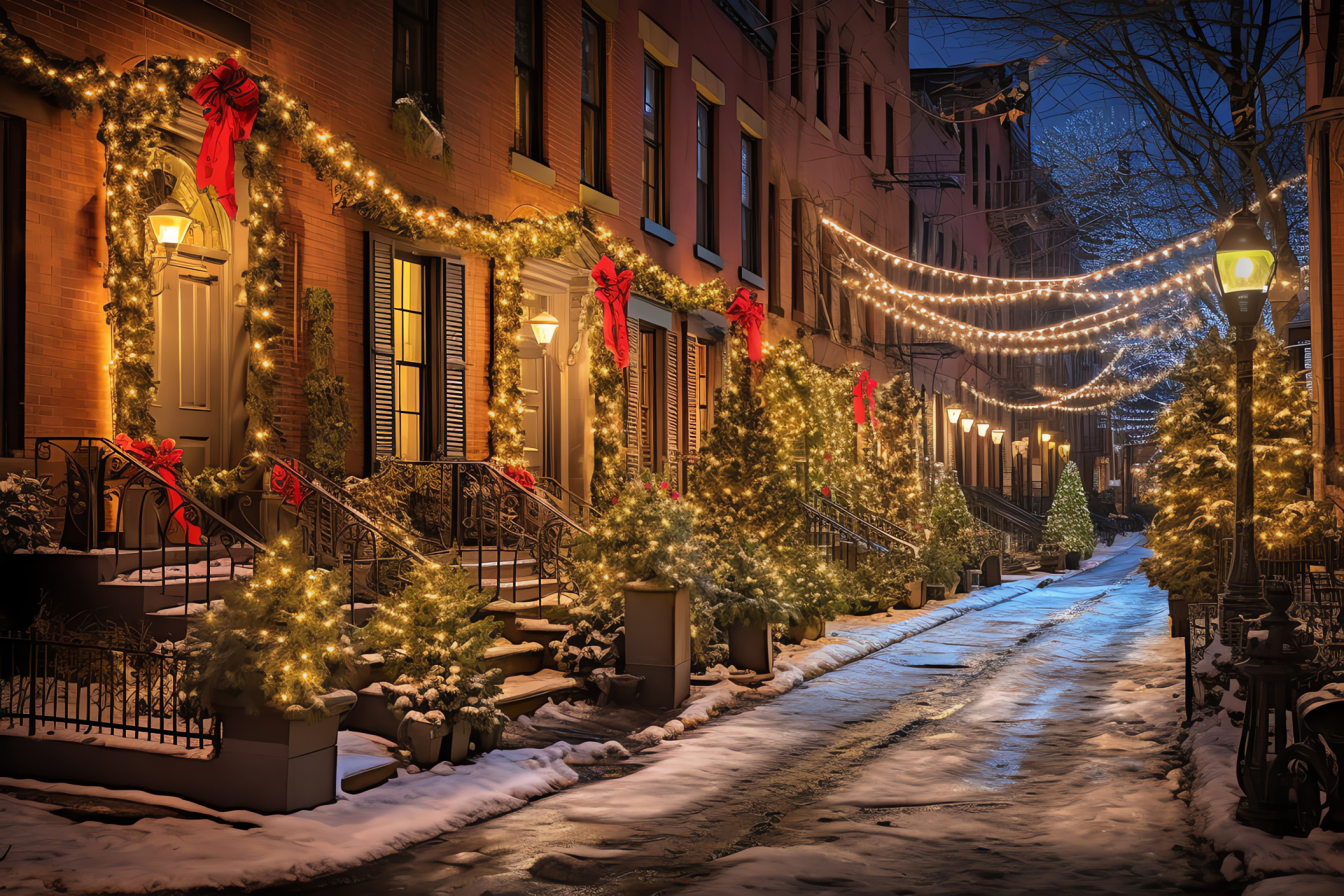 Greenwich Village Christmas, festive decor, snow-clad paths, traditional carols, holiday charm, HD Desktop Wallpaper