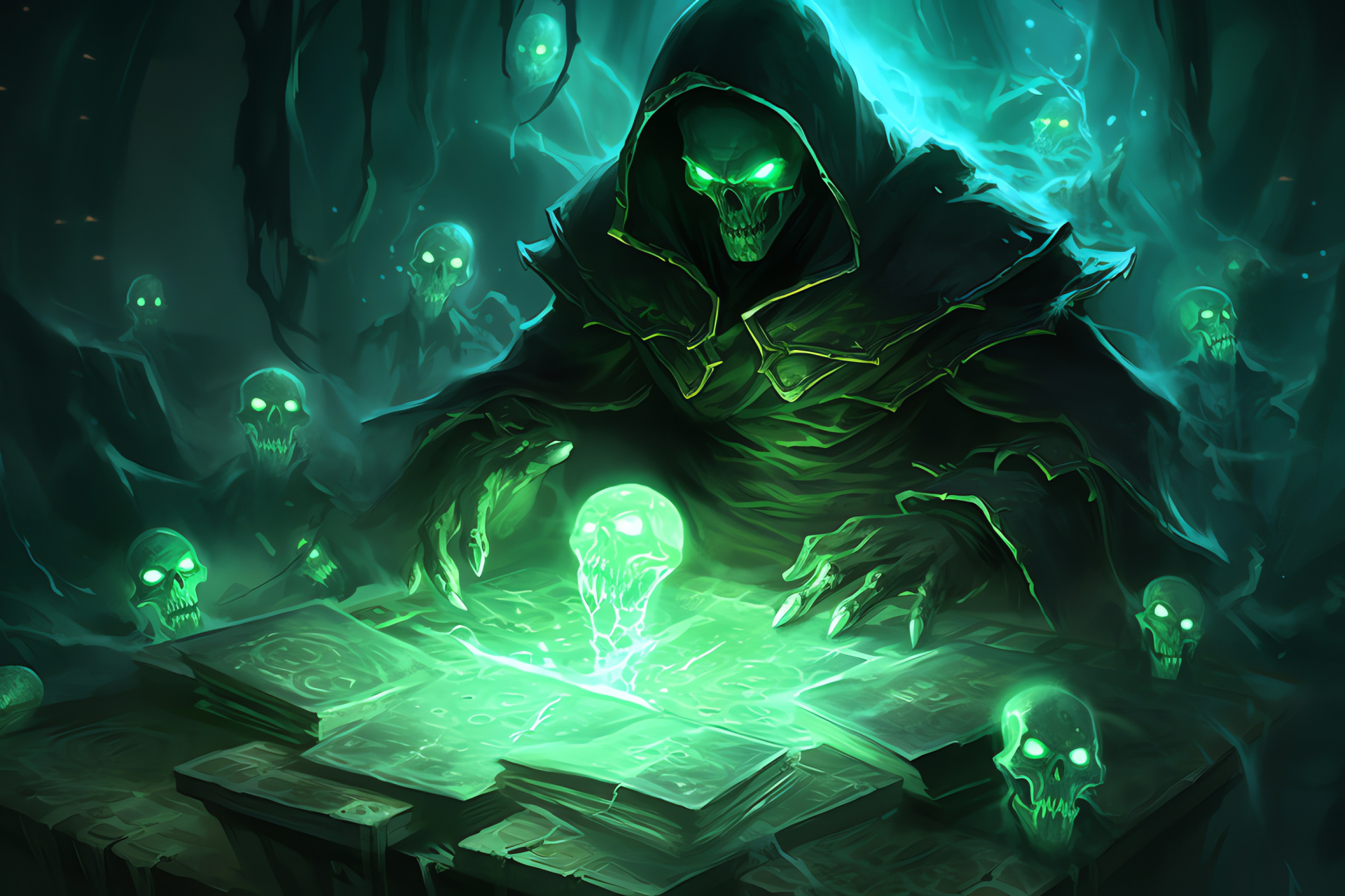 Fantasy game scene, Necromancer dwelling, Magical brew, Historic game lore, Gloomy dungeon atmosphere, HD Desktop Wallpaper