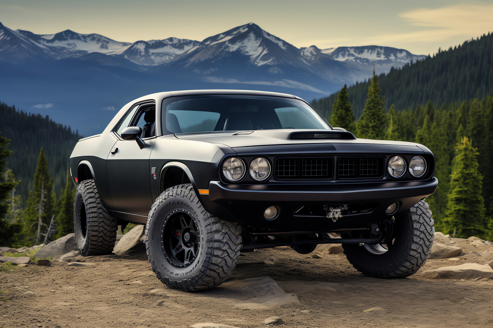 Plymouth Barracuda Adventure, Matte black finish, Rugged tires, Mountainous excursion, Classic American muscle, HD Desktop Image