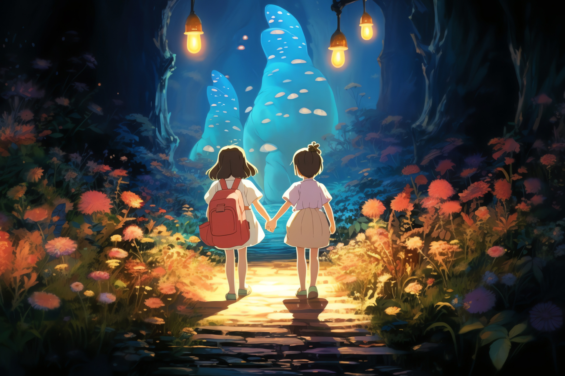 Satsuki and Mei adventure, Totoro's magical path, Ghibli animation, Japanese fantasy, Enchanted journey, HD Desktop Image