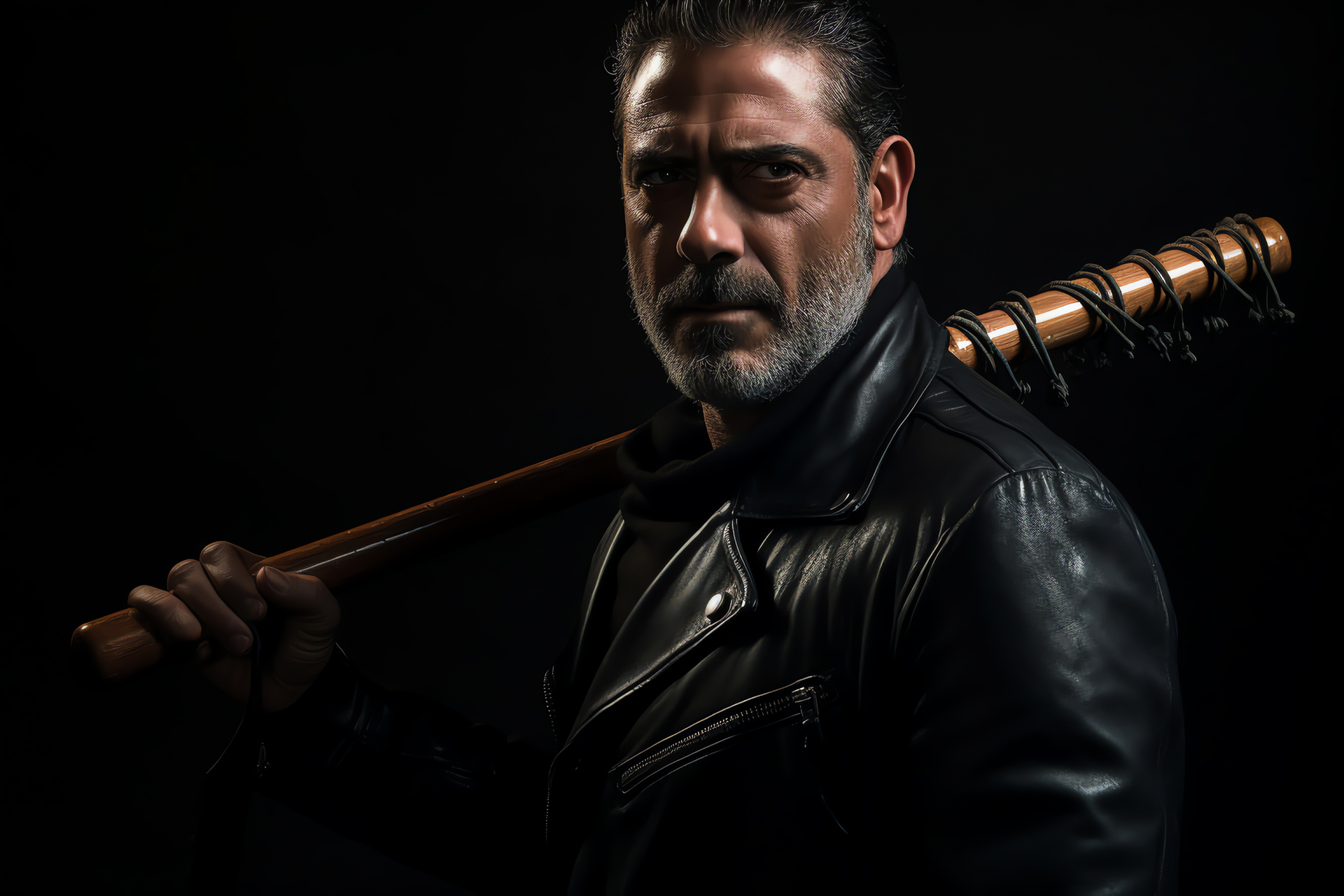Negan ambiance, Ominous black backdrop, Jeffrey Dean Morgan, Textured leather jacket, Prop bat with barbed wire, HD Desktop Wallpaper