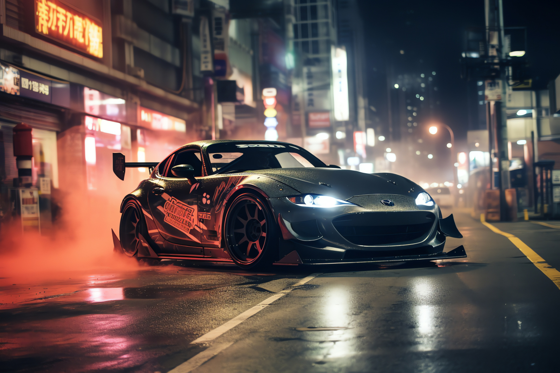 Veilside's RX-7 drift car, Tokyo night race, performance tires, urban illumination, Japanese capital, HD Desktop Image